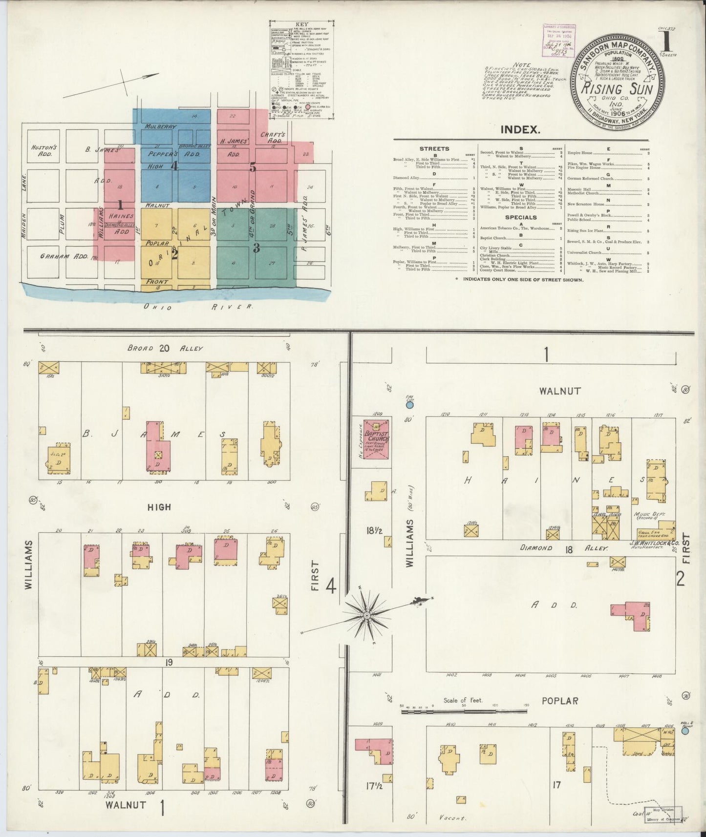 Sanborn Fire Insurance Map from Rising Sun, Ohio County, Indiana (1906), Sheet #0001 - Historic Sanborn Fire Insurance Map Print, vintage old map wall art, antique decor, genealogy gift, Rising Sun Ohio map