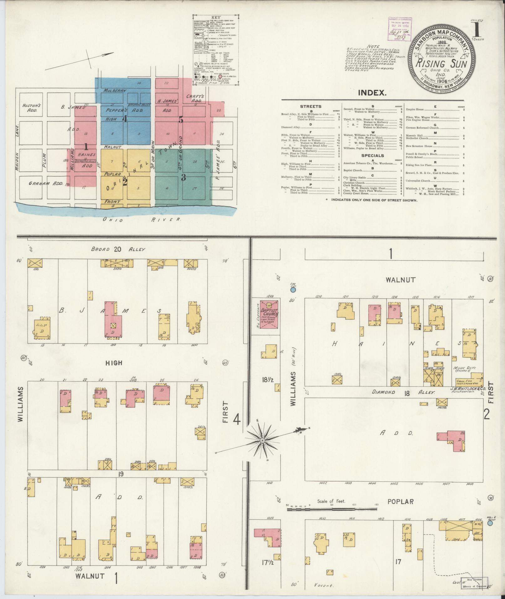 Sanborn Fire Insurance Map from Rising Sun, Ohio County, Indiana (1906), Sheet #0001 - Historic Sanborn Fire Insurance Map Print, vintage old map wall art, antique decor, genealogy gift, Rising Sun Ohio map
