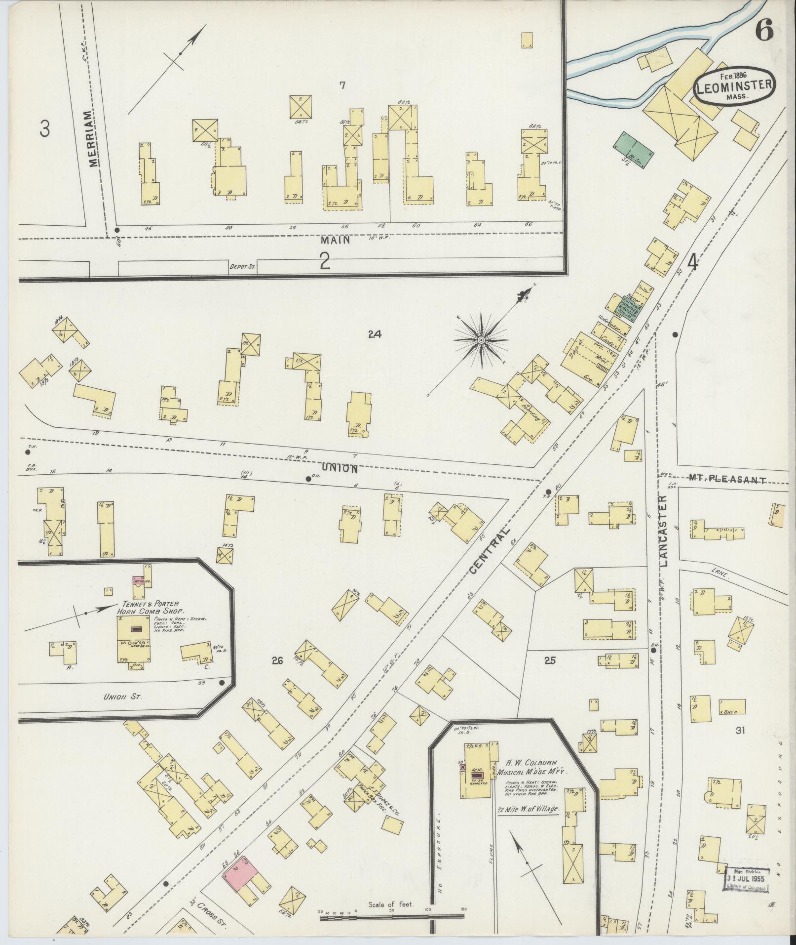 Sanborn Fire Insurance Map from Leominster, Worcester County, Massachusetts (1896), Sheet #0006 - Complete Map Set gallery image, historic Sanborn map, vintage wall art, Massachusetts Massachusetts