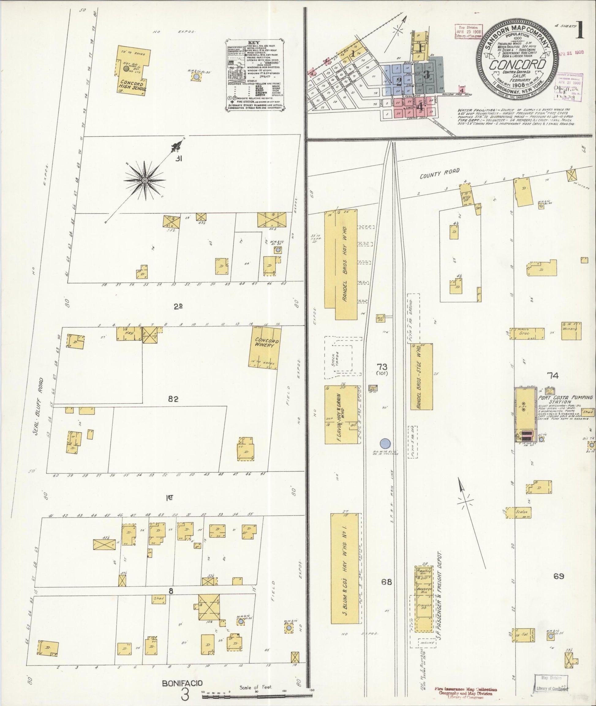 Sanborn Fire Insurance Map from Concord, Contra Costa County, California (1908), Sheet #0001 - Complete Map Set gallery image, historic Sanborn map, vintage wall art, California California