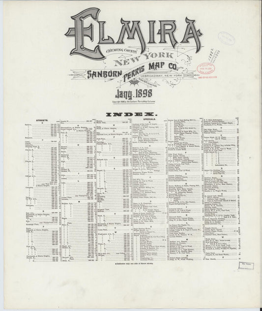 Sanborn Fire Insurance Map from Elmira, Chemung County, New York (1898), Sheet #0001 - Historic Sanborn Fire Insurance Map Print, vintage old map wall art, antique decor, genealogy gift, New York New York map