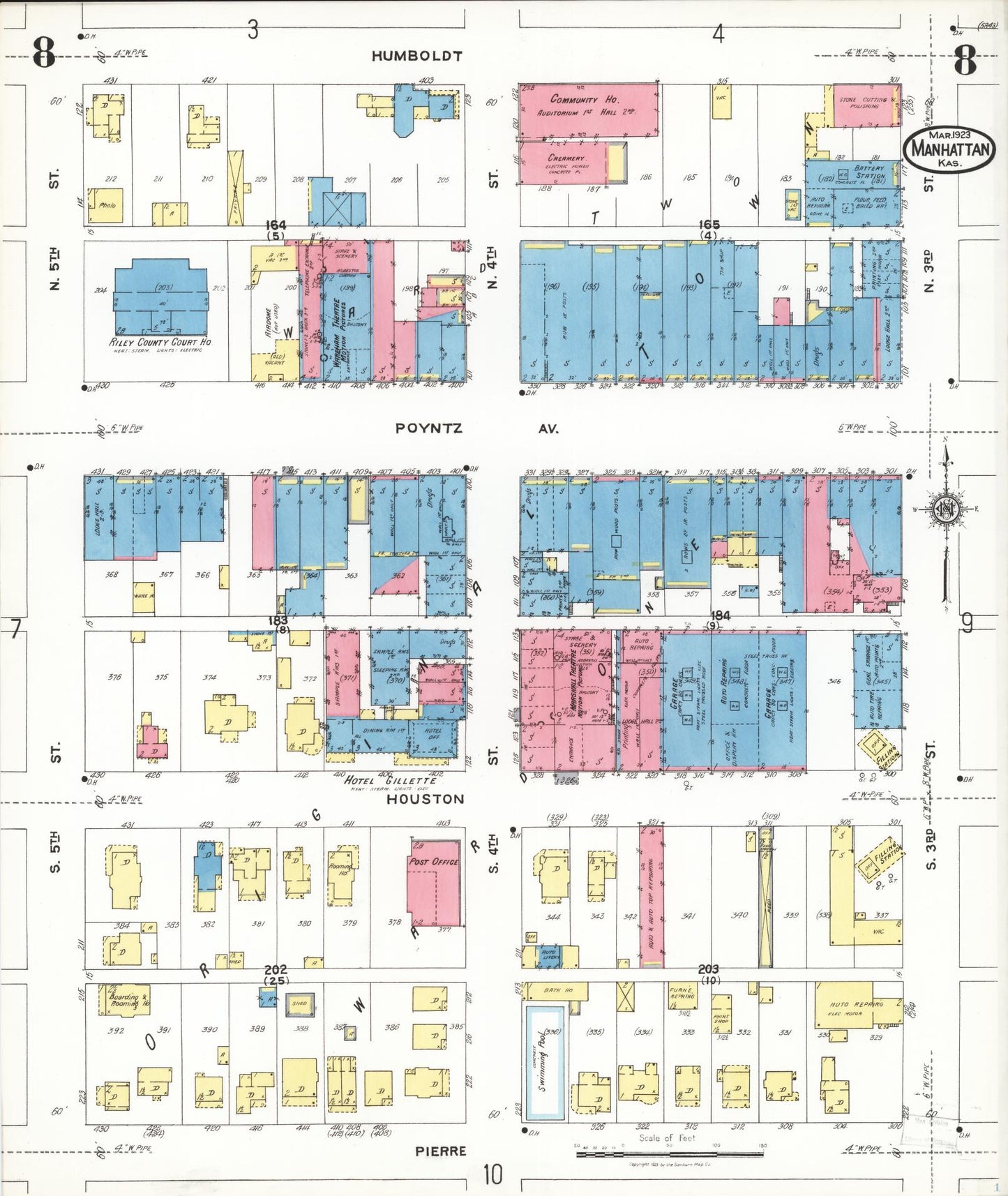 Sanborn Fire Insurance Map from Manhattan, Riley County, Kansas (1923), Sheet #0008 - Historic Sanborn Fire Insurance Map Print, vintage old map wall art, antique decor, genealogy gift, Kansas Kansas map