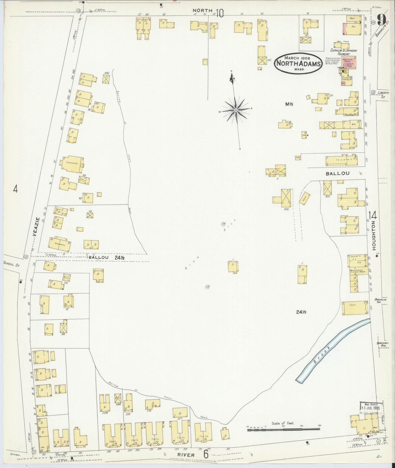 Sanborn Fire Insurance Map from North Adams, Berkshire County, Massachusetts (1908), Sheet #0009 - Historic Sanborn Fire Insurance Map Print, vintage old map wall art, antique decor, genealogy gift, Massachusetts Massachusetts map