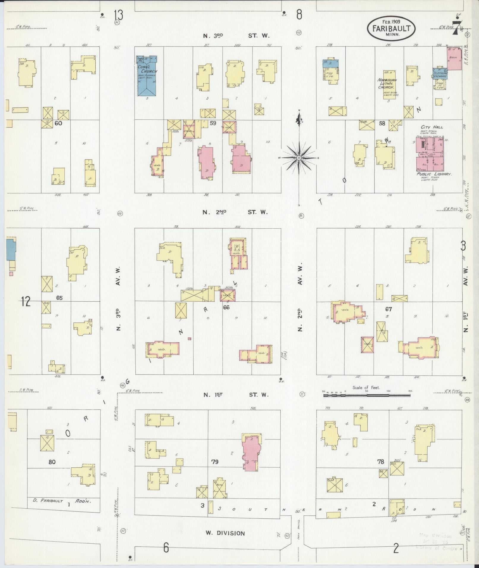 Sanborn Fire Insurance Map from Faribault, Rice County, Minnesota (1909), Sheet #0007 - Historic Sanborn Fire Insurance Map Print, vintage old map wall art, antique decor, genealogy gift, Minnesota Minnesota map