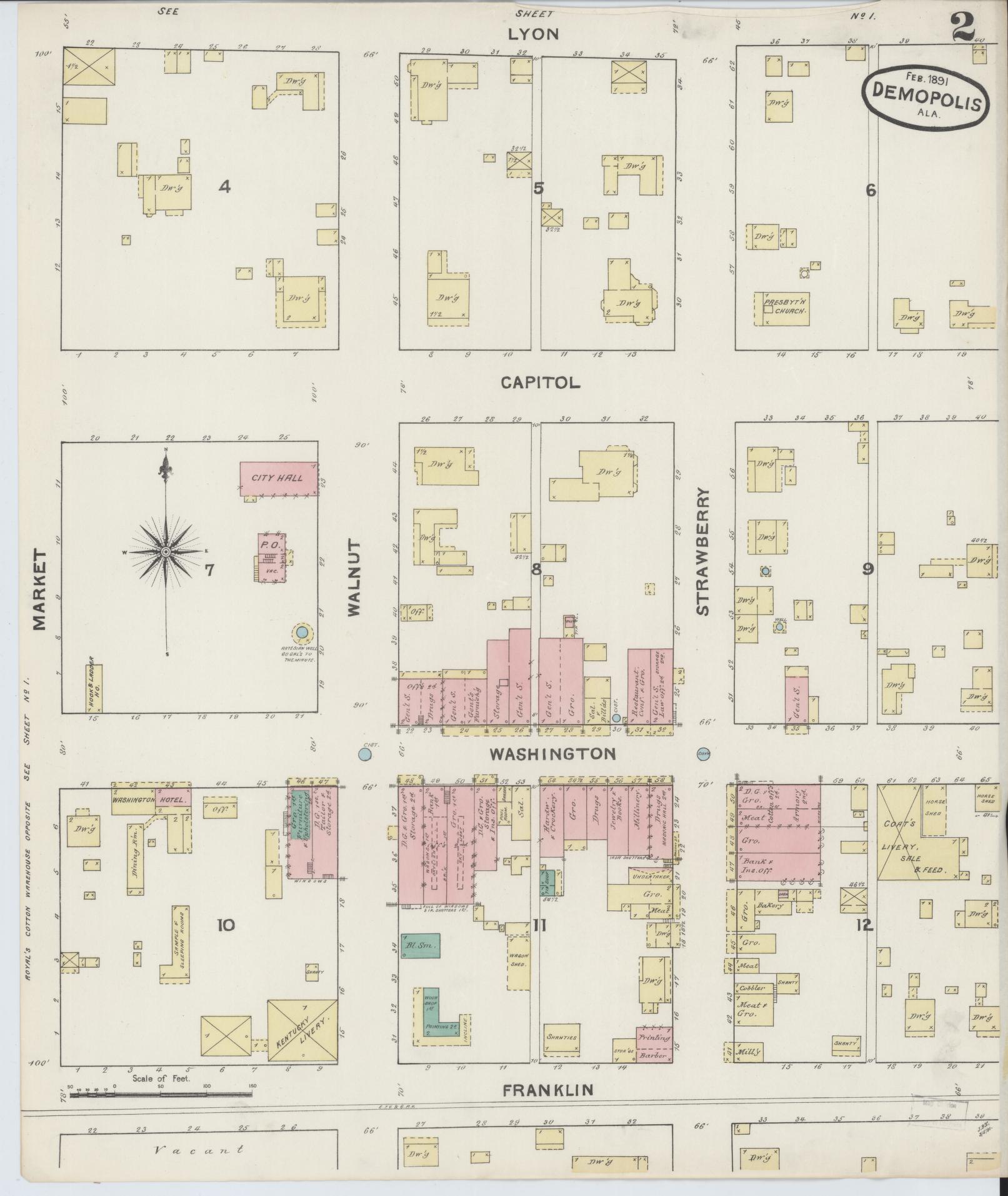 Sanborn Fire Insurance Map from Demopolis, Marengo County, Alabama (1891), Sheet #0002 - Historic Sanborn Fire Insurance Map Print, vintage old map wall art, antique decor, genealogy gift, Alabama Alabama map