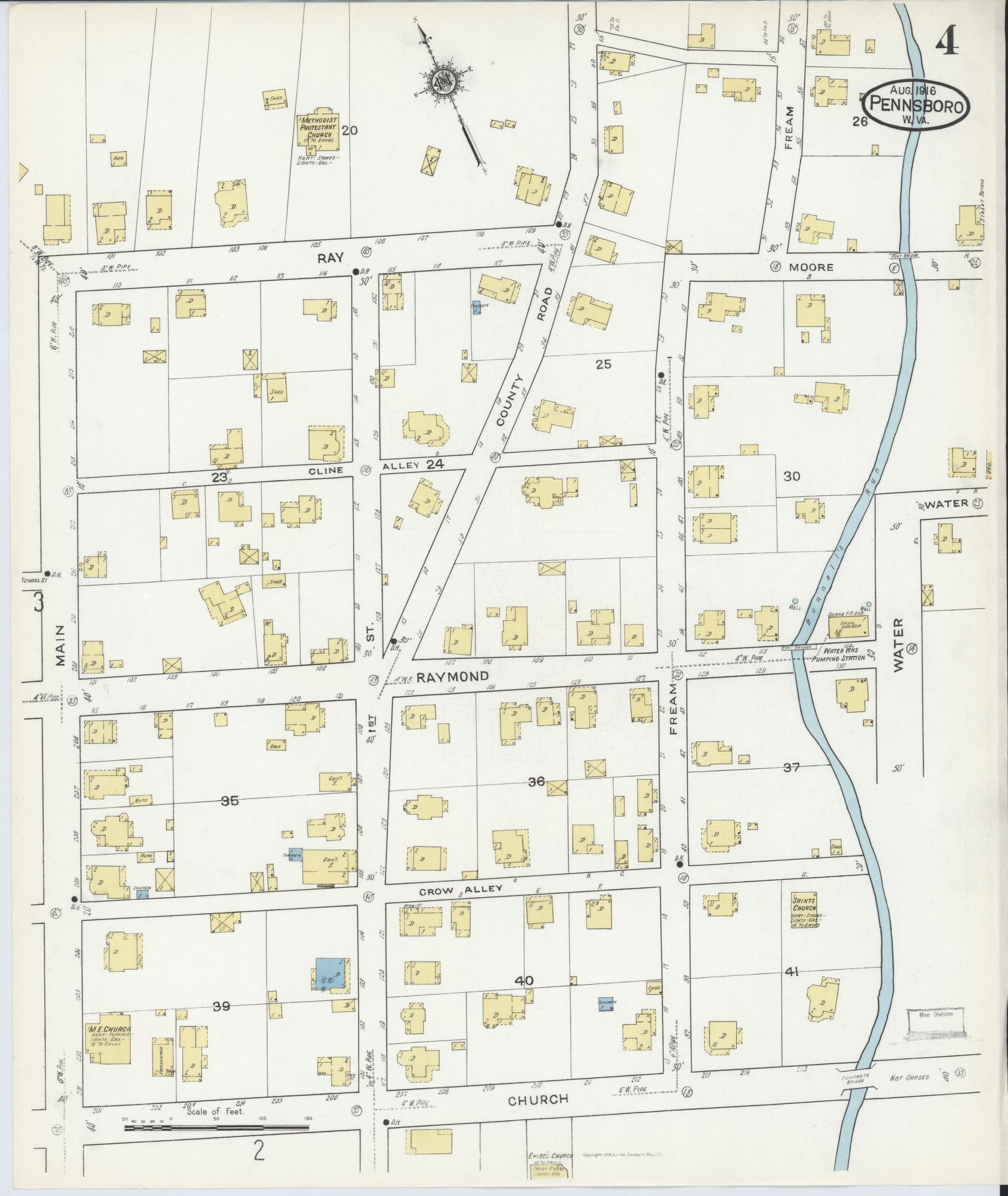 Sanborn Fire Insurance Map from Pennsboro, Richie County, West Virginia (1916), Sheet #0004 - Complete Map Set gallery image, historic Sanborn map, vintage wall art, West Virginia West Virginia