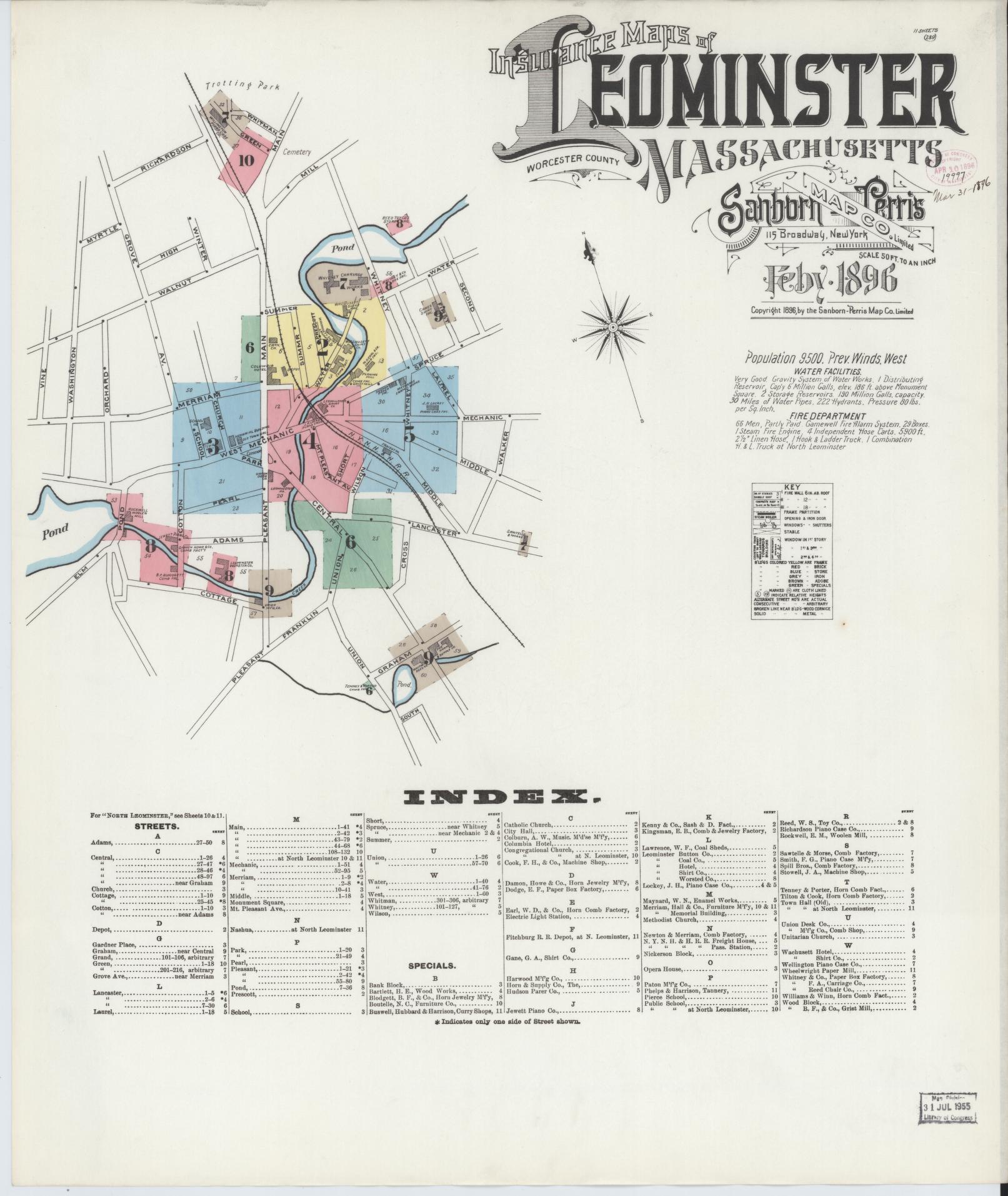 Sanborn Fire Insurance Map from Leominster, Worcester County, Massachusetts (1896), Sheet #0001 - Historic Sanborn Fire Insurance Map Print, vintage old map wall art, antique decor, genealogy gift, Massachusetts Massachusetts map