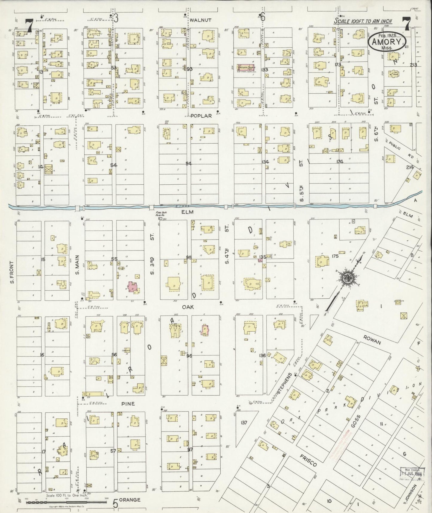 Sanborn Fire Insurance Map from Amory, Monroe County, Mississippi (1925), Sheet #0007 - Historic Sanborn Fire Insurance Map Print, vintage old map wall art, antique decor, genealogy gift, Mississippi Mississippi map