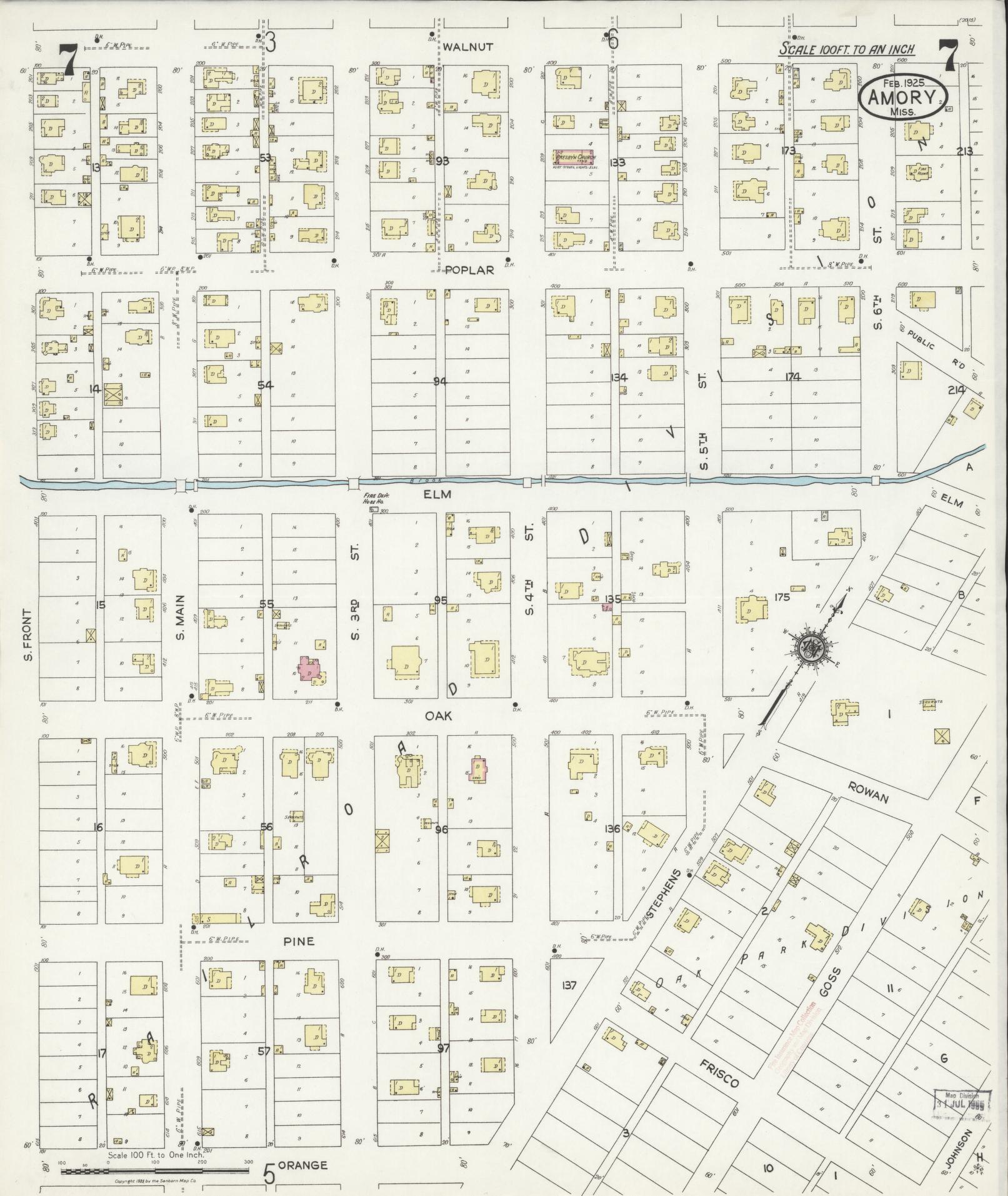 Sanborn Fire Insurance Map from Amory, Monroe County, Mississippi (1925), Sheet #0007 - Historic Sanborn Fire Insurance Map Print, vintage old map wall art, antique decor, genealogy gift, Mississippi Mississippi map