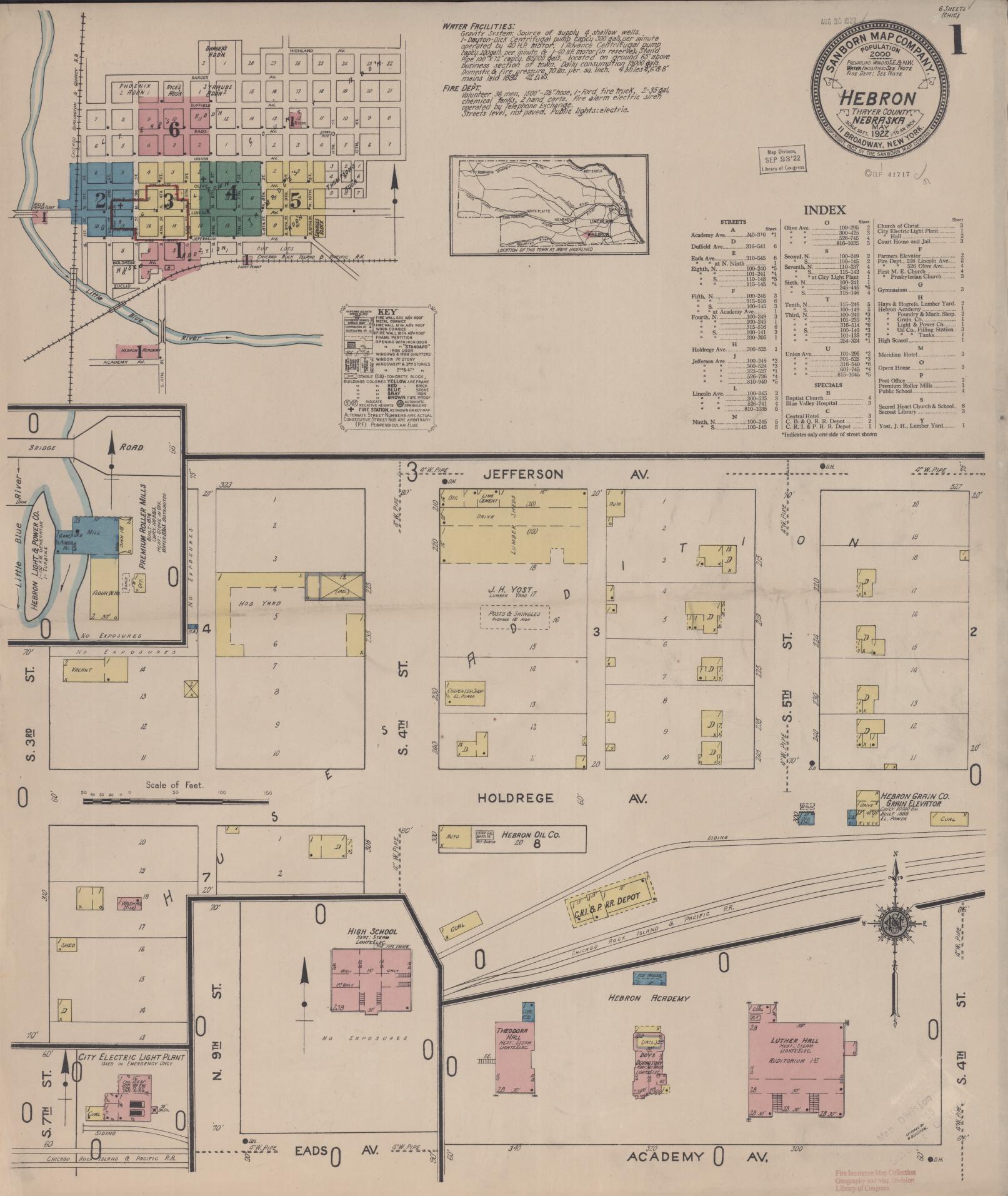Sanborn Fire Insurance Map from Hebron, Thayer County, Nebraska (1922), Sheet #0001 - Historic Sanborn Fire Insurance Map Print, vintage old map wall art, antique decor, genealogy gift, Nebraska Nebraska map