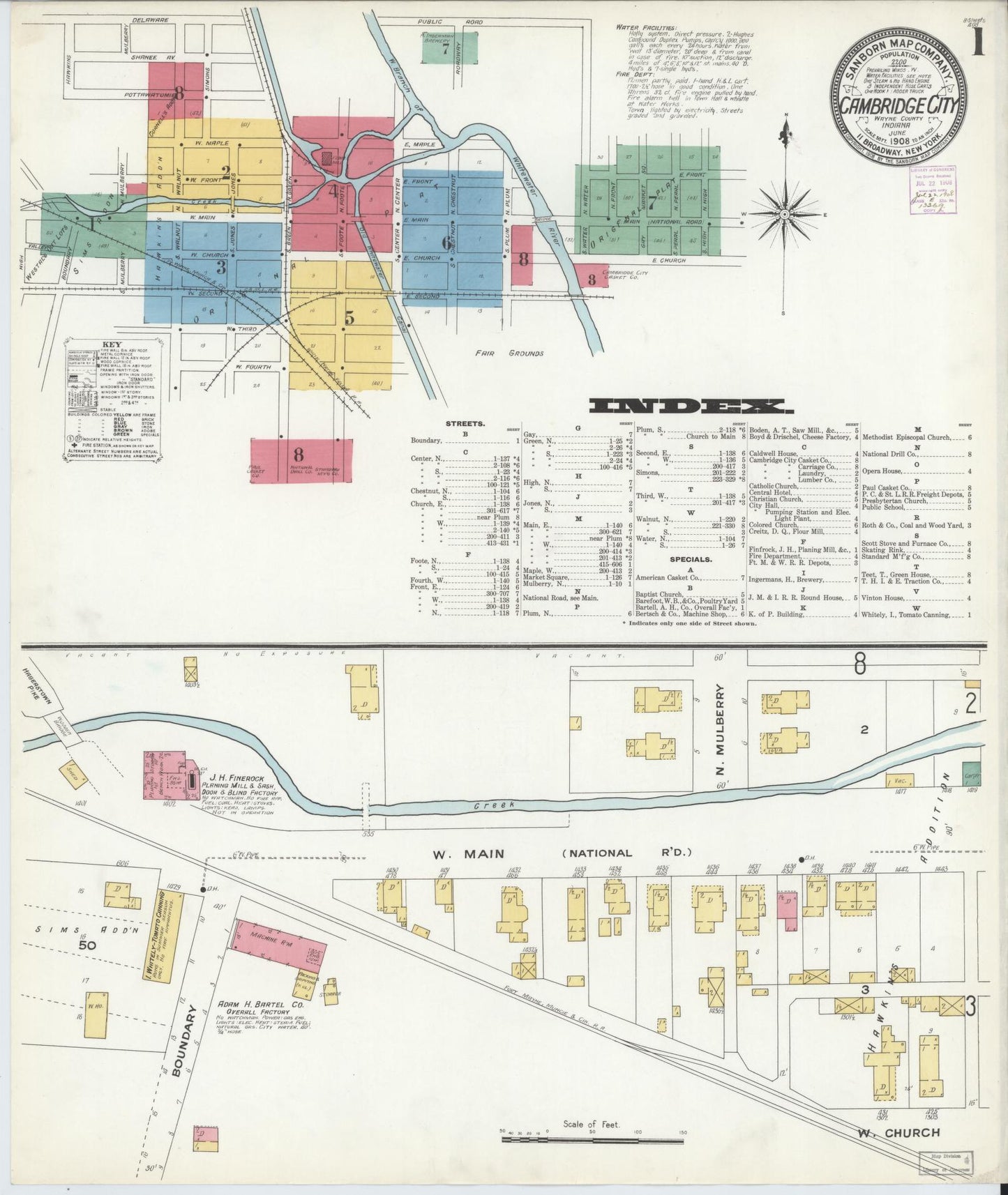 Sanborn Fire Insurance Map from Cambridge City, Wayne County, Indiana (1908), Sheet #0001 - Historic Sanborn Fire Insurance Map Print, vintage old map wall art, antique decor, genealogy gift, Indiana Indiana map