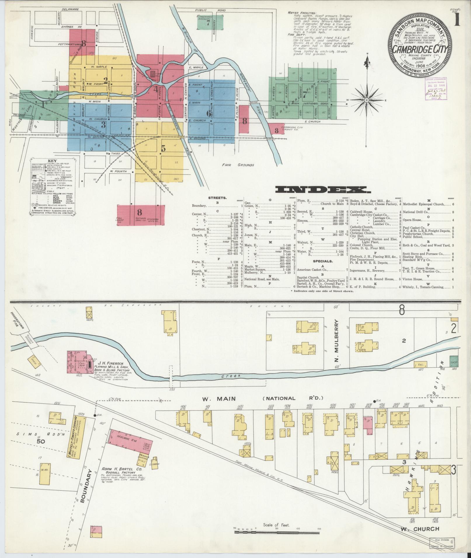 Sanborn Fire Insurance Map from Cambridge City, Wayne County, Indiana (1908), Sheet #0001 - Historic Sanborn Fire Insurance Map Print, vintage old map wall art, antique decor, genealogy gift, Indiana Indiana map