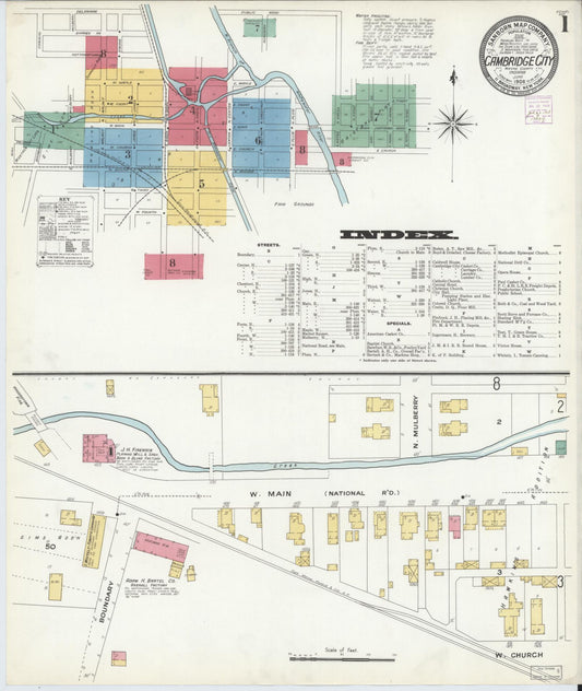 Sanborn Fire Insurance Map from Cambridge City, Wayne County, Indiana (1908), Sheet #0001 - Historic Sanborn Fire Insurance Map Print, vintage old map wall art, antique decor, genealogy gift, Indiana Indiana map