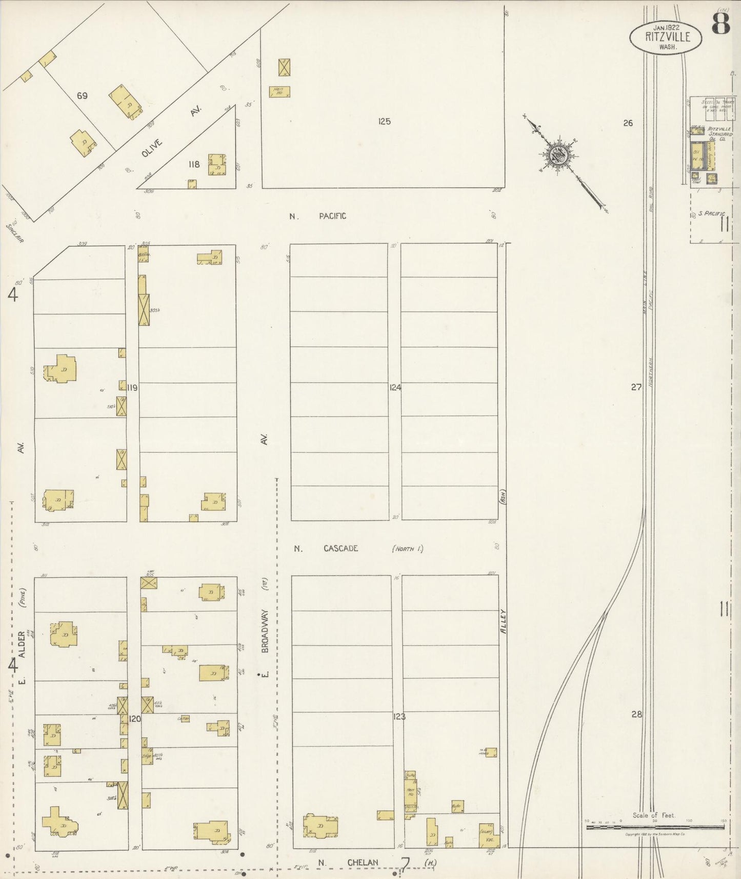 Sanborn Fire Insurance Map from Ritzville, Adams County, Washington (1922), Sheet #0008 - Complete Map Set gallery image, historic Sanborn map, vintage wall art, Washington Washington