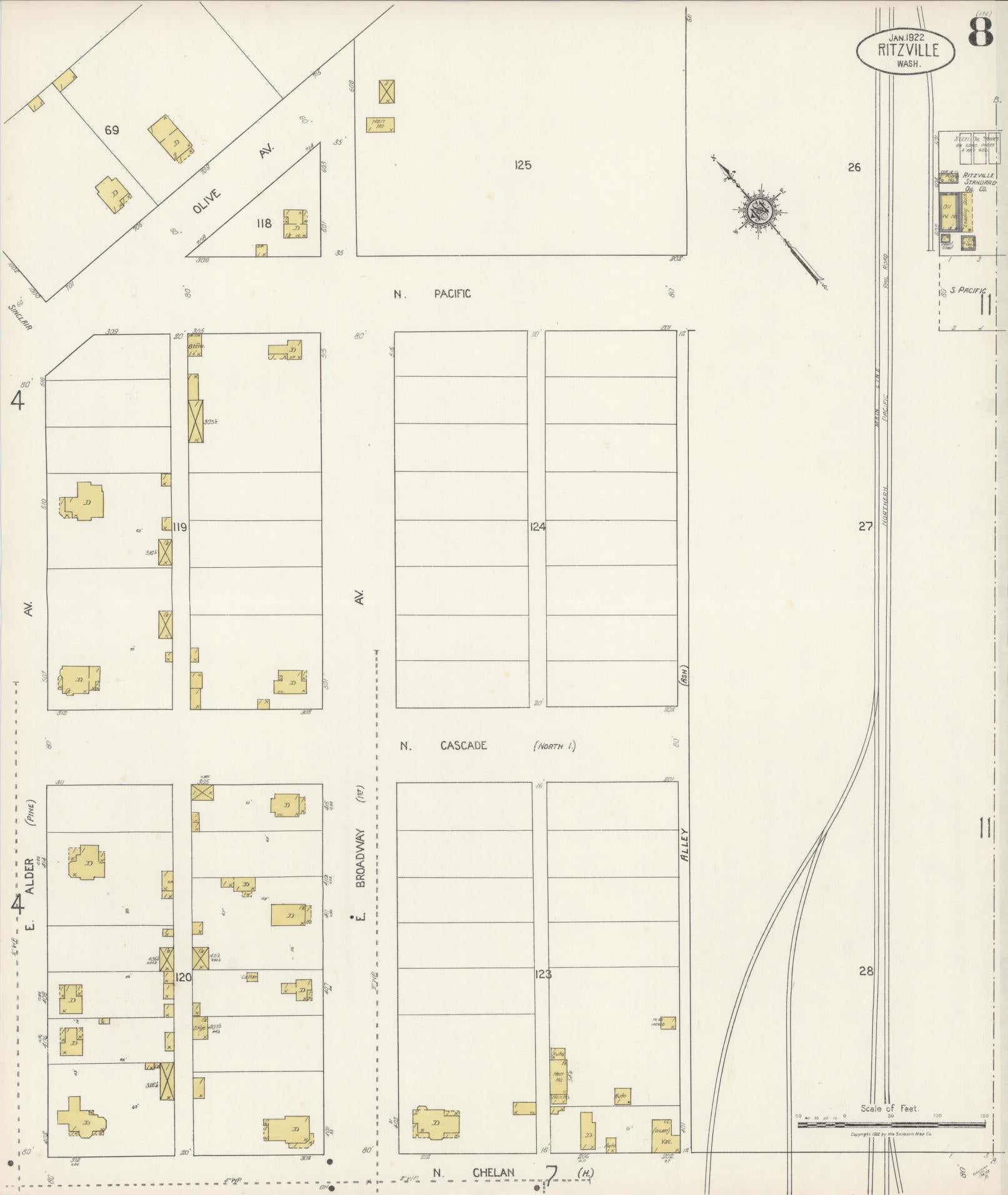 Sanborn Fire Insurance Map from Ritzville, Adams County, Washington (1922), Sheet #0008 - Complete Map Set gallery image, historic Sanborn map, vintage wall art, Washington Washington