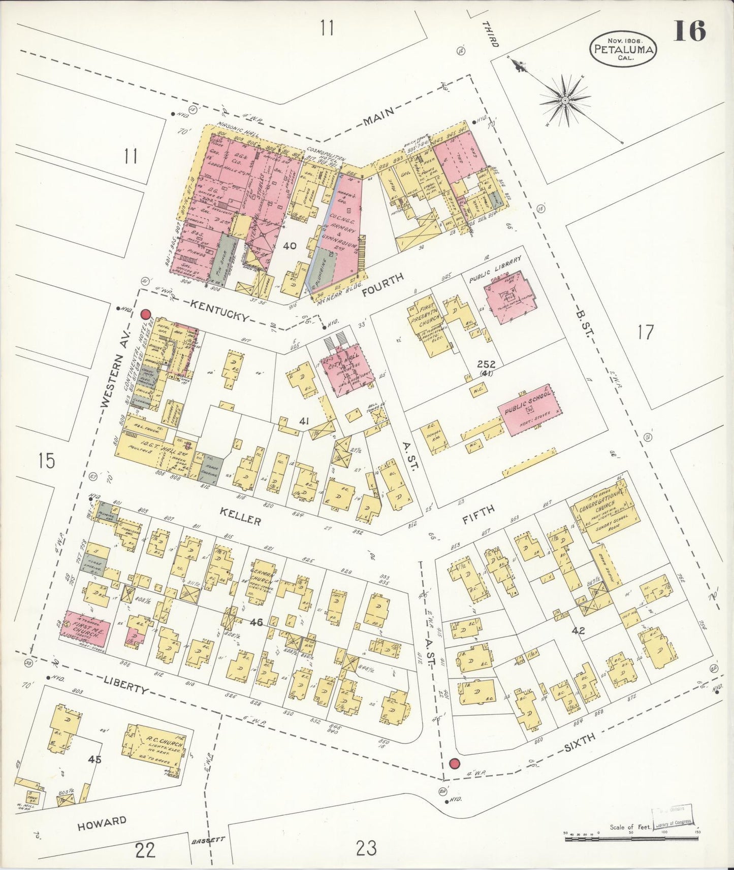Sanborn Fire Insurance Map from Petaluma, Sonoma County, California (1906), Sheet #0016 - Complete Map Set gallery image, historic Sanborn map, vintage wall art, California California