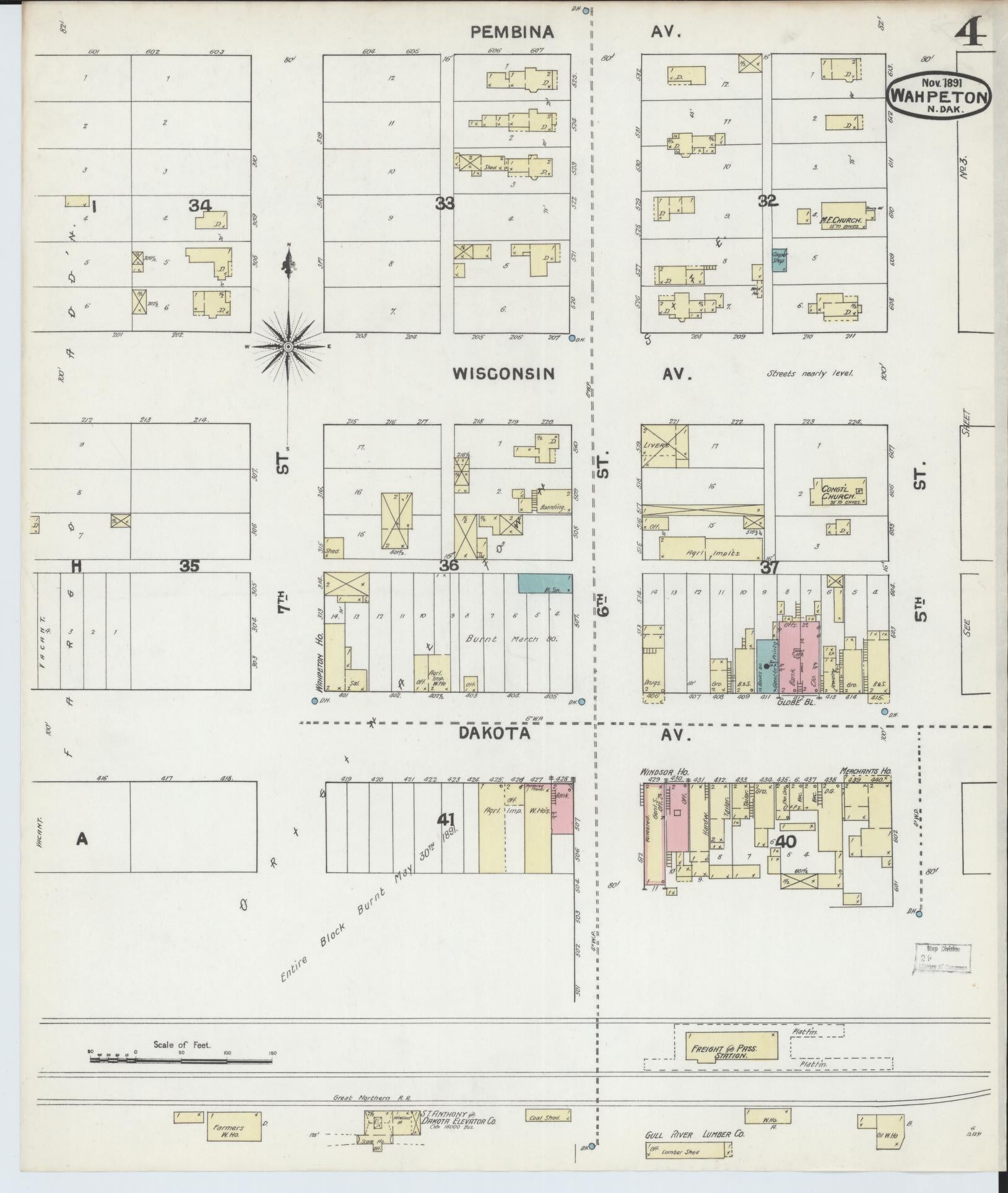 Sanborn Fire Insurance Map from Wahpeton, Richland County, North Dakota (1891), Sheet #0004 - Historic Sanborn Fire Insurance Map Print, vintage old map wall art, antique decor, genealogy gift, North Dakota North Dakota map