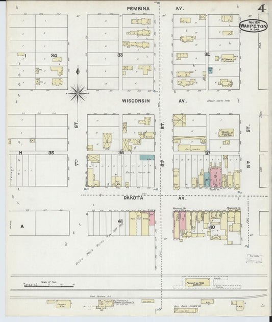 Sanborn Fire Insurance Map from Wahpeton, Richland County, North Dakota (1891), Sheet #0004 - Historic Sanborn Fire Insurance Map Print, vintage old map wall art, antique decor, genealogy gift, North Dakota North Dakota map