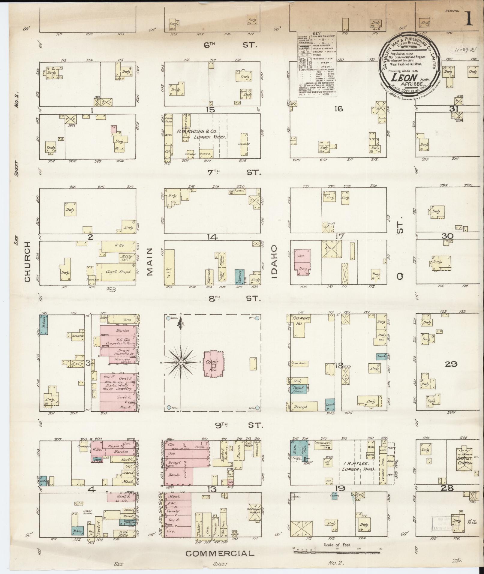 Sanborn Fire Insurance Map from Leon, Decatur County, Iowa (1886), Sheet #0001 - Historic Sanborn Fire Insurance Map Print, vintage old map wall art