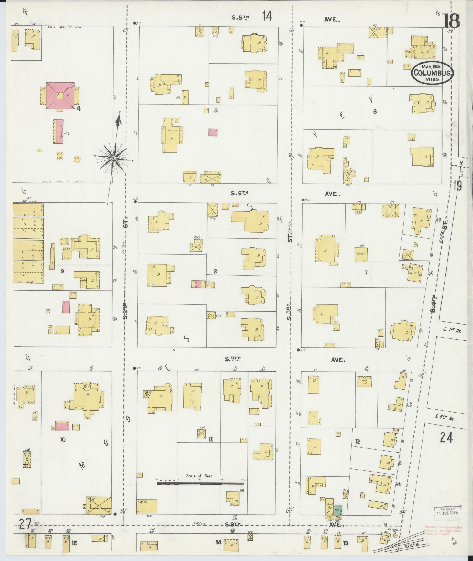Sanborn Fire Insurance Map from Columbus, Lowndes County, Mississippi (1905), Sheet #0018 - Historic Sanborn Fire Insurance Map Print, vintage old map wall art, antique decor, genealogy gift, Mississippi Mississippi map