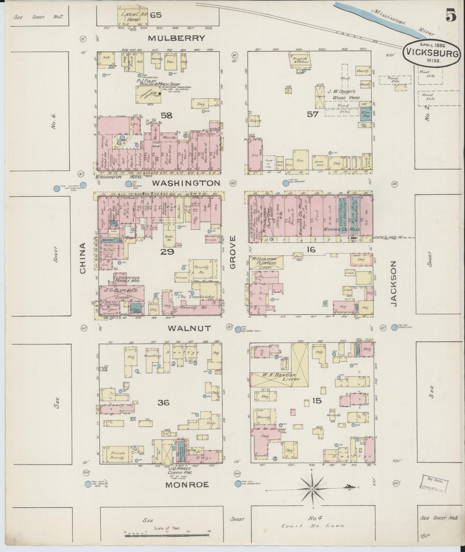 Sanborn Fire Insurance Map from Vicksburg, Warren County, Mississippi (1886), Sheet #0005 - Historic Sanborn Fire Insurance Map Print, vintage old map wall art, antique decor, genealogy gift, Mississippi Mississippi map