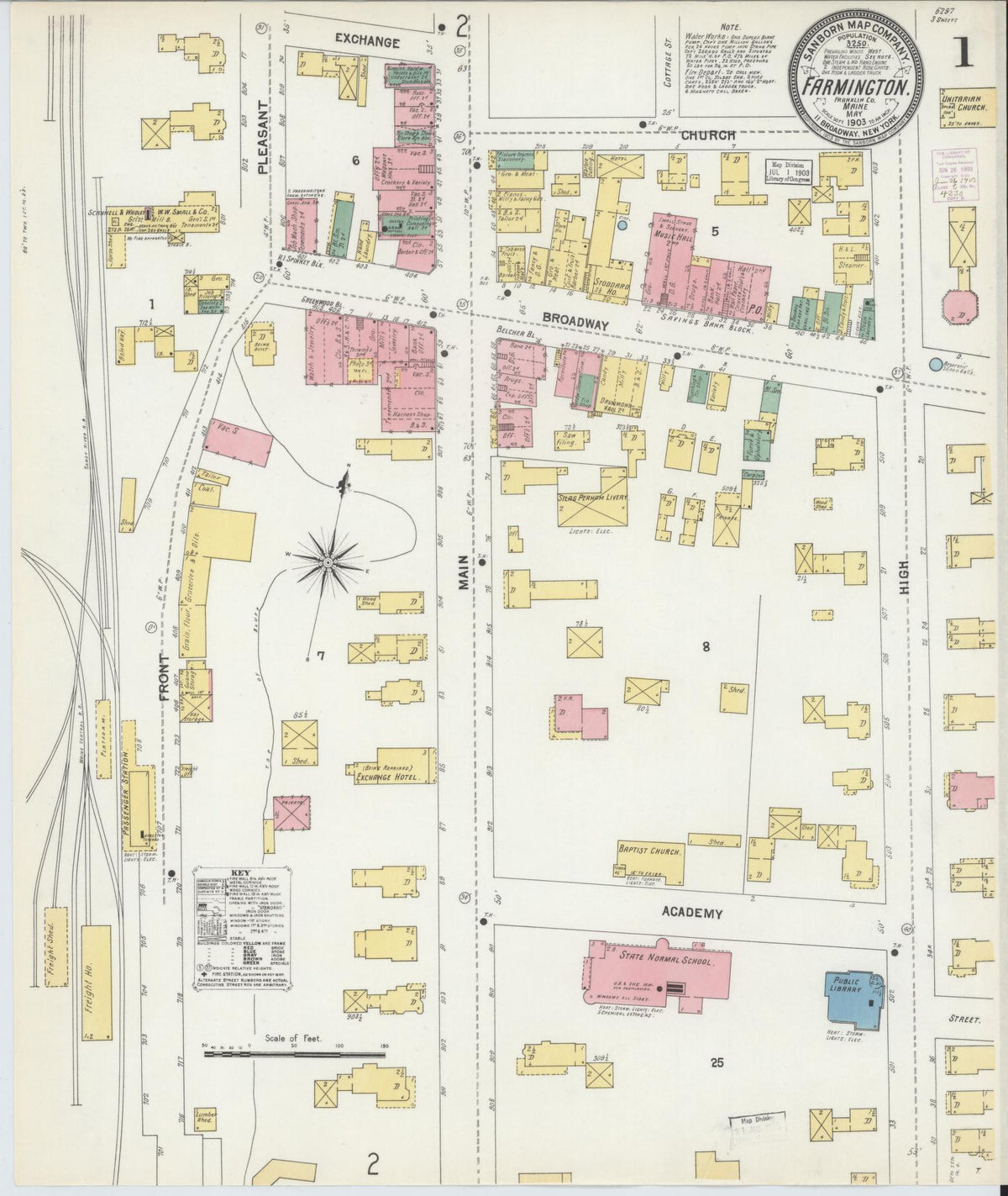 Sanborn Fire Insurance Map from Farmington, Franklin County, Maine (1903), Sheet #0001 - Historic Sanborn Fire Insurance Map Print, vintage old map wall art, antique decor, genealogy gift, Maine Maine map