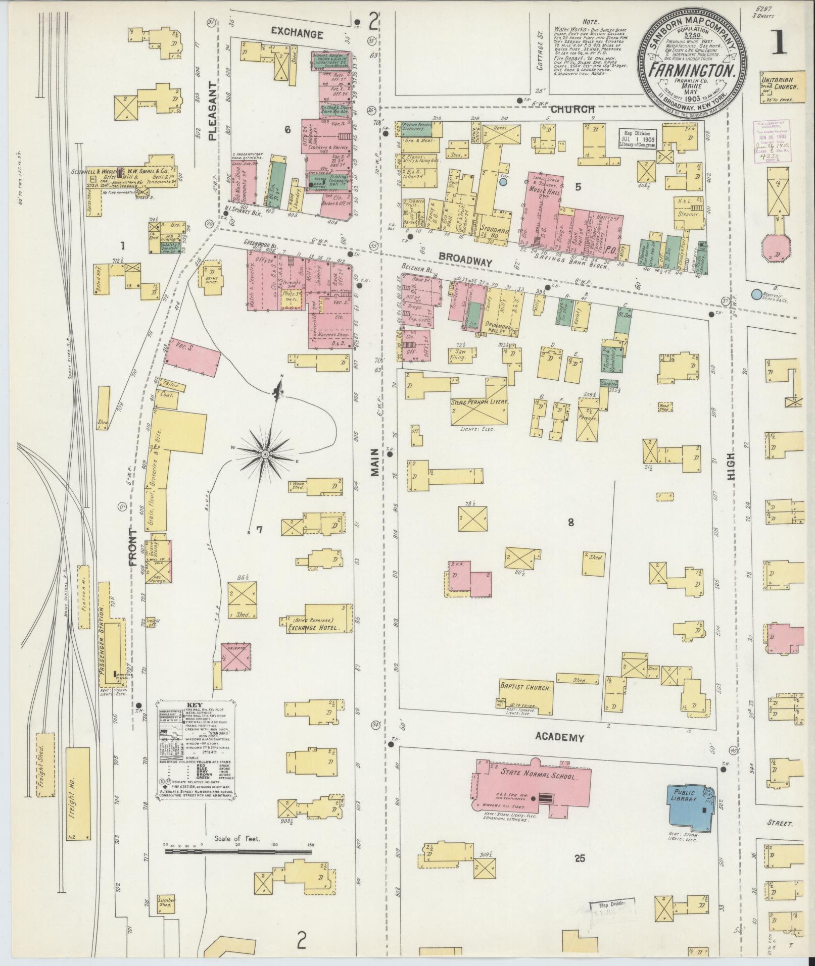 Sanborn Fire Insurance Map from Farmington, Franklin County, Maine (1903), Sheet #0001 - Historic Sanborn Fire Insurance Map Print, vintage old map wall art, antique decor, genealogy gift, Maine Maine map