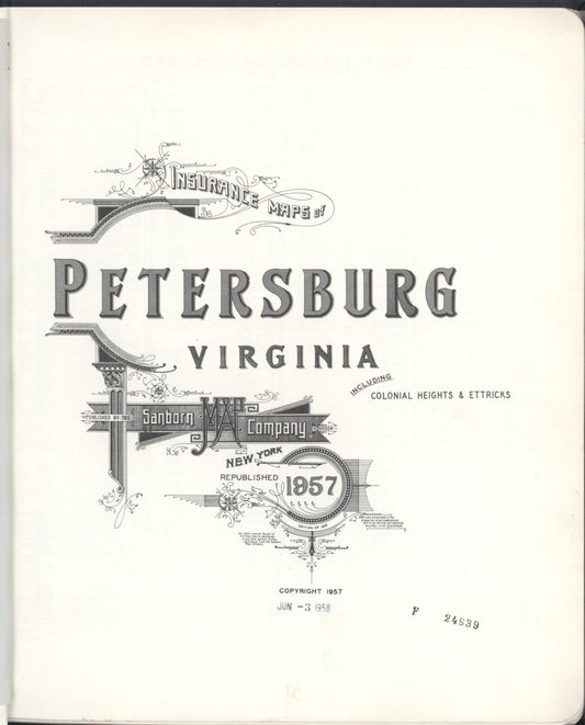 Sanborn Fire Insurance Map from Petersburg, Independent Cities, Virginia (1957), Sheet #0001 - Historic Sanborn Fire Insurance Map Print, vintage old map wall art, antique decor, genealogy gift, Virginia Virginia map
