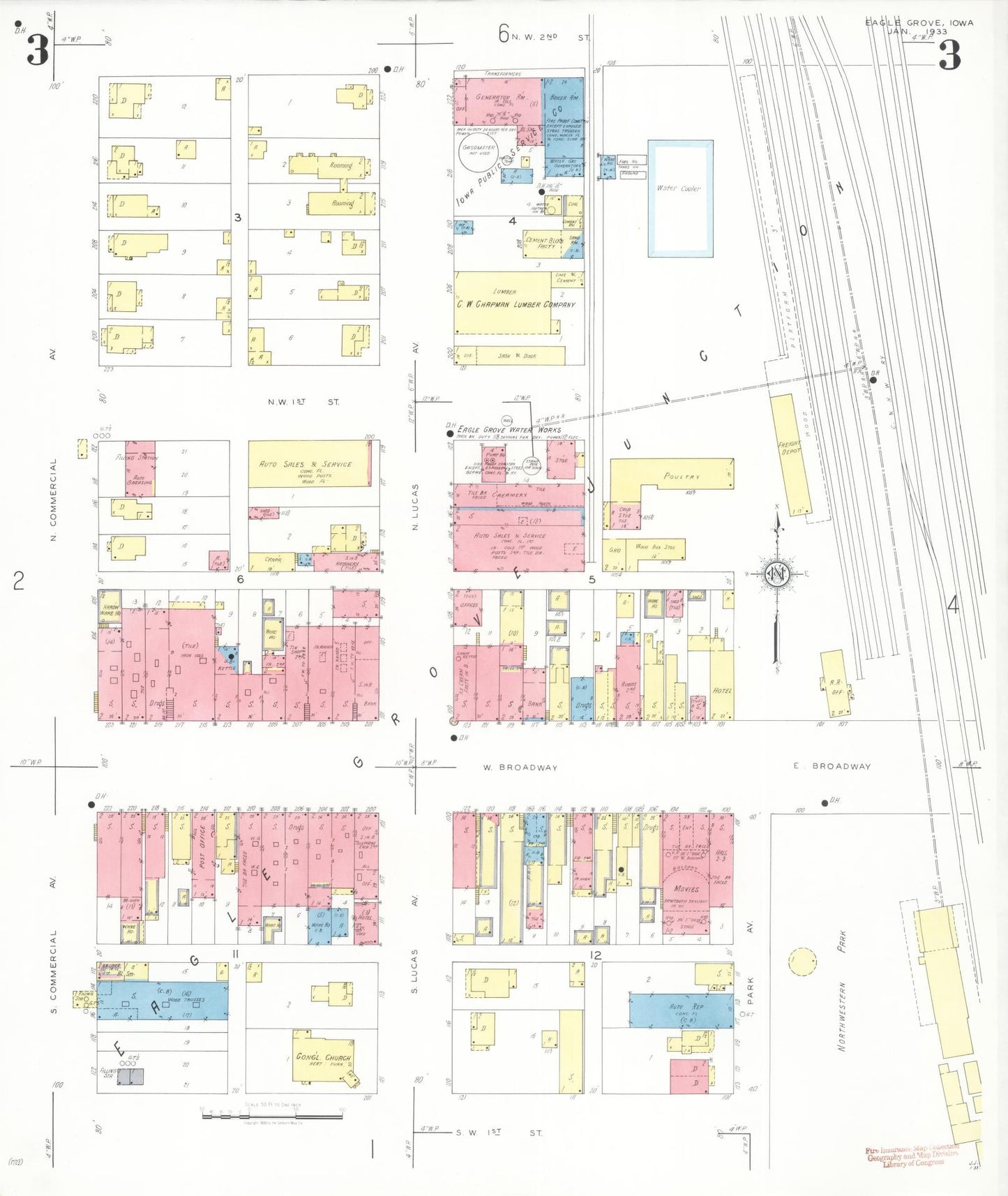 Sanborn Fire Insurance Map from Eagle Grove, Wright County, Iowa (1933), Sheet #0003 - Historic Sanborn Fire Insurance Map Print, vintage old map wall art