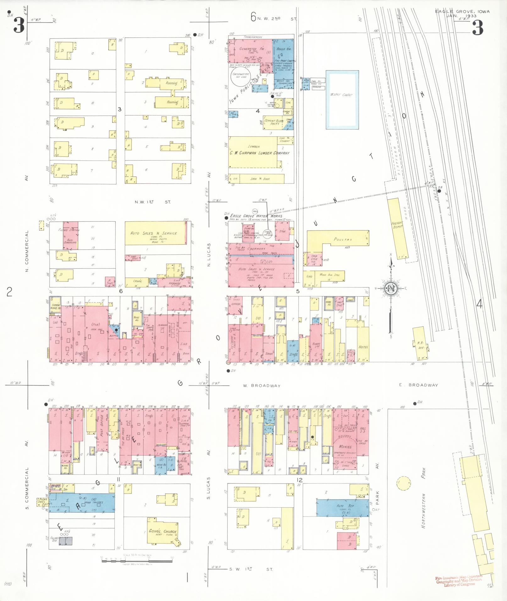 Sanborn Fire Insurance Map from Eagle Grove, Wright County, Iowa (1933), Sheet #0003 - Historic Sanborn Fire Insurance Map Print, vintage old map wall art