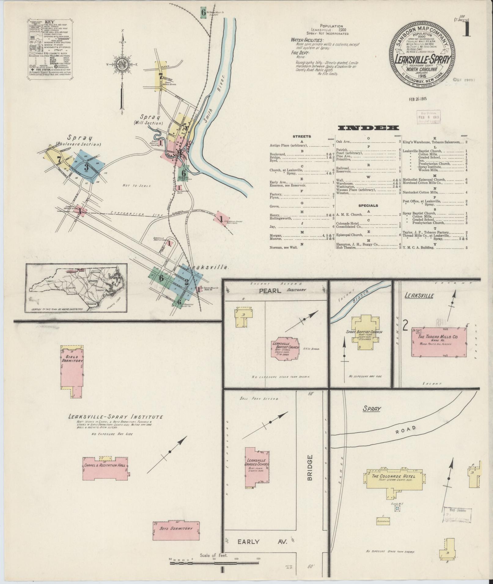Sanborn Fire Insurance Map from Leaksville-spray, Rockingham County, North Carolina (1915), Sheet #0001 - Historic Sanborn Fire Insurance Map Print, vintage old map wall art, antique decor, genealogy gift, North Carolina North Carolina map