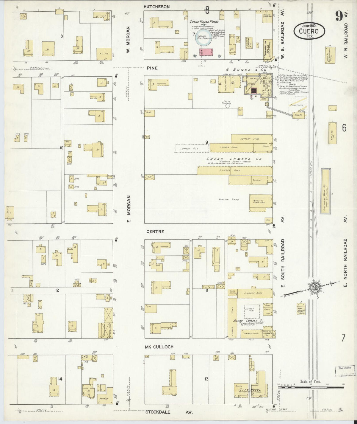 Sanborn Fire Insurance Map from Cuero, De Witt County, Texas (1912), Sheet #0009 - Historic Sanborn Fire Insurance Map Print, vintage old map wall art, antique decor, genealogy gift, Texas Texas map