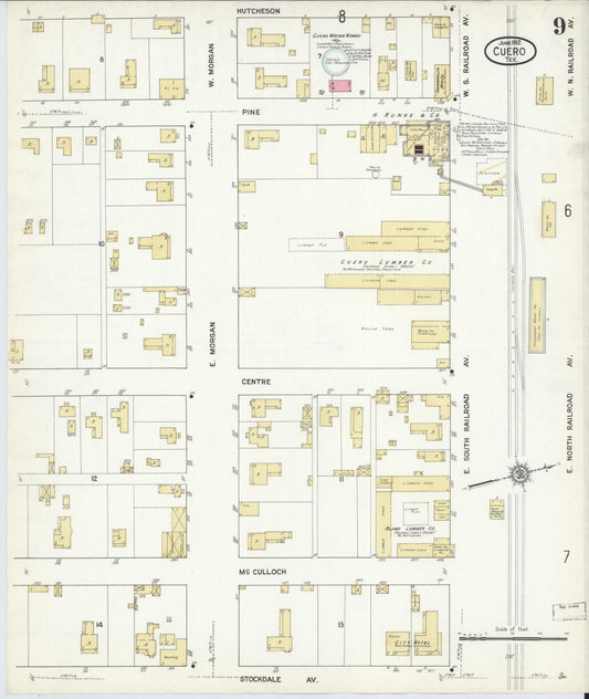 Sanborn Fire Insurance Map from Cuero, De Witt County, Texas (1912), Sheet #0009 - Historic Sanborn Fire Insurance Map Print, vintage old map wall art, antique decor, genealogy gift, Texas Texas map