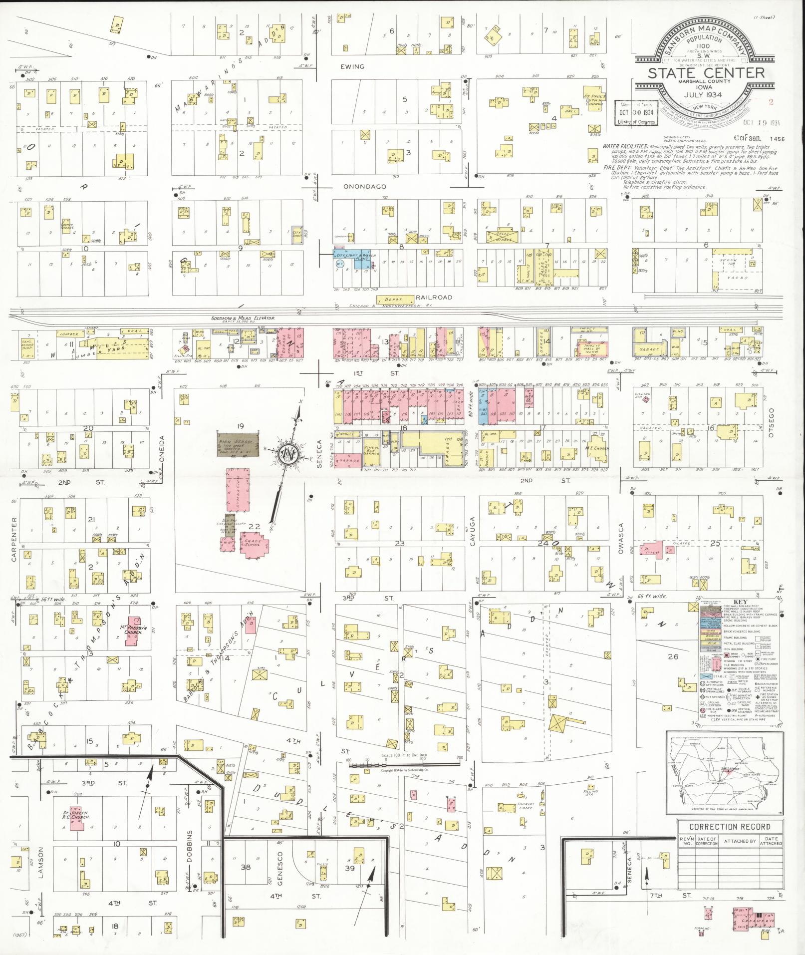 Sanborn Fire Insurance Map from State Center, Marshall County, Iowa (1934), Sheet #0001 - Historic Sanborn Fire Insurance Map Print, vintage old map wall art