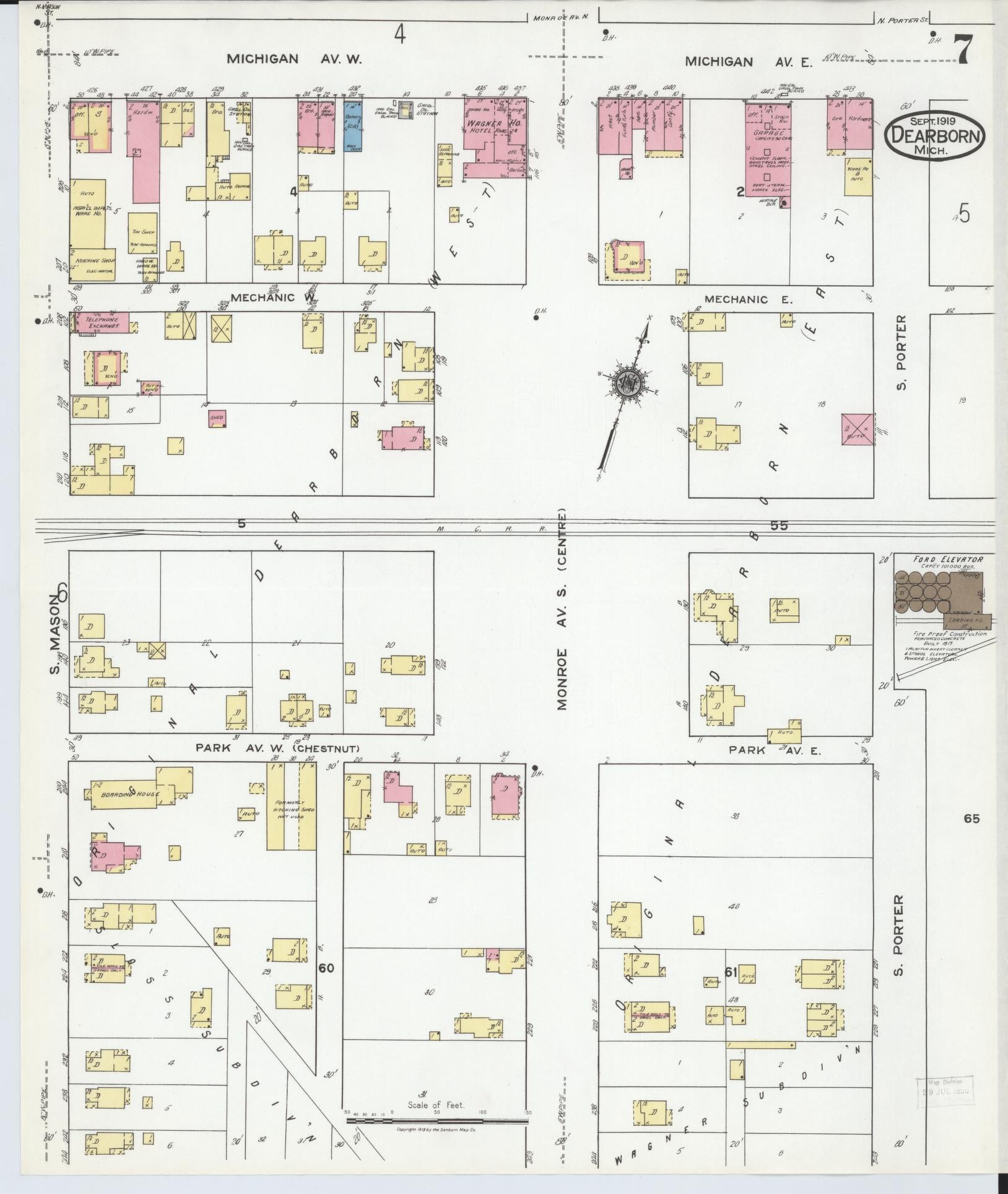 Sanborn Fire Insurance Map from Dearborn, Wayne County, Michigan (1919), Sheet #0007 - Complete Map Set gallery image, historic Sanborn map, vintage wall art, Michigan Michigan
