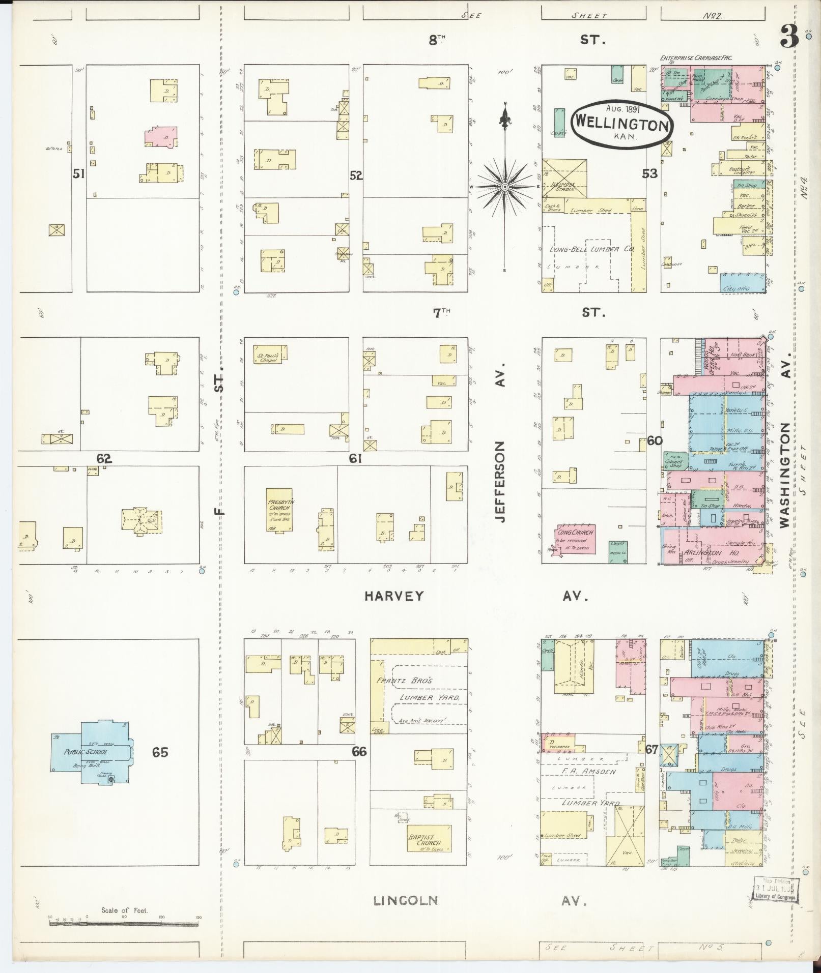Sanborn Fire Insurance Map from Wellington, Sumner County, Kansas (1891), Sheet #0003 - Historic Sanborn Fire Insurance Map Print, vintage old map wall art, antique decor, genealogy gift, Kansas Kansas map