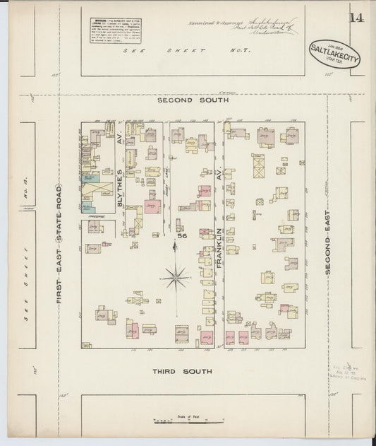 Sanborn Fire Insurance Map from Salt Lake City, Salt Lake County, Utah (1884), Sheet #0014 - Historic Sanborn Fire Insurance Map Print, vintage old map wall art, antique decor, genealogy gift, Utah Utah map