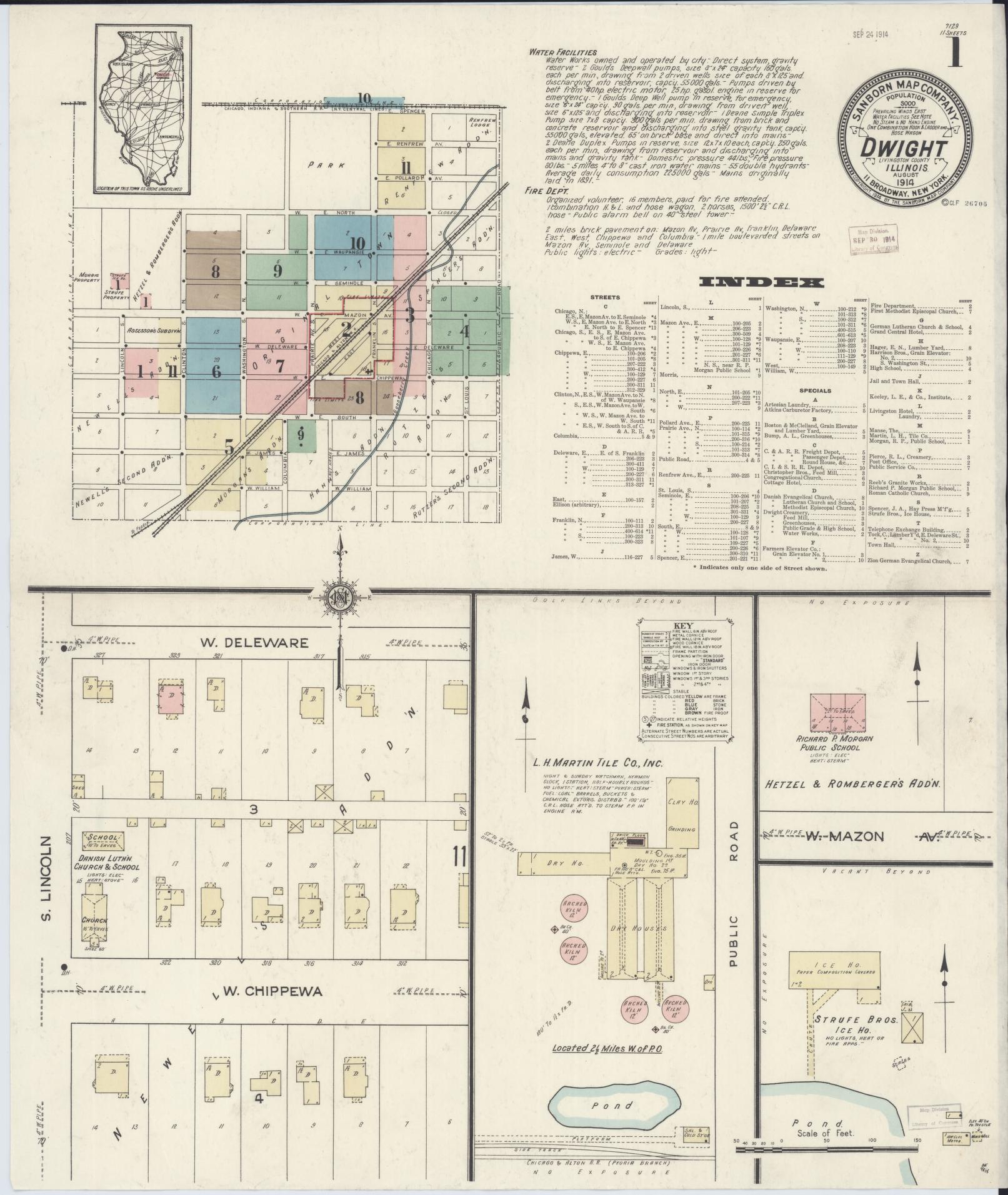 Sanborn Fire Insurance Map from Dwight, Livingston County, Illinois (1914), Sheet #0001 - Complete Map Set gallery image, historic Sanborn map, vintage wall art, Illinois Illinois