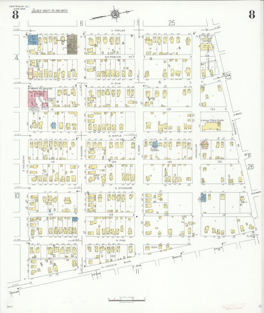 Sanborn Fire Insurance Map from Centralia, Marion, Clinton, Jefferson, and Washington Counties, Illinois (1938), Sheet #0008 - Historic Sanborn Fire Insurance Map Print, vintage old map wall art, antique decor, genealogy gift, Illinois Illinois map