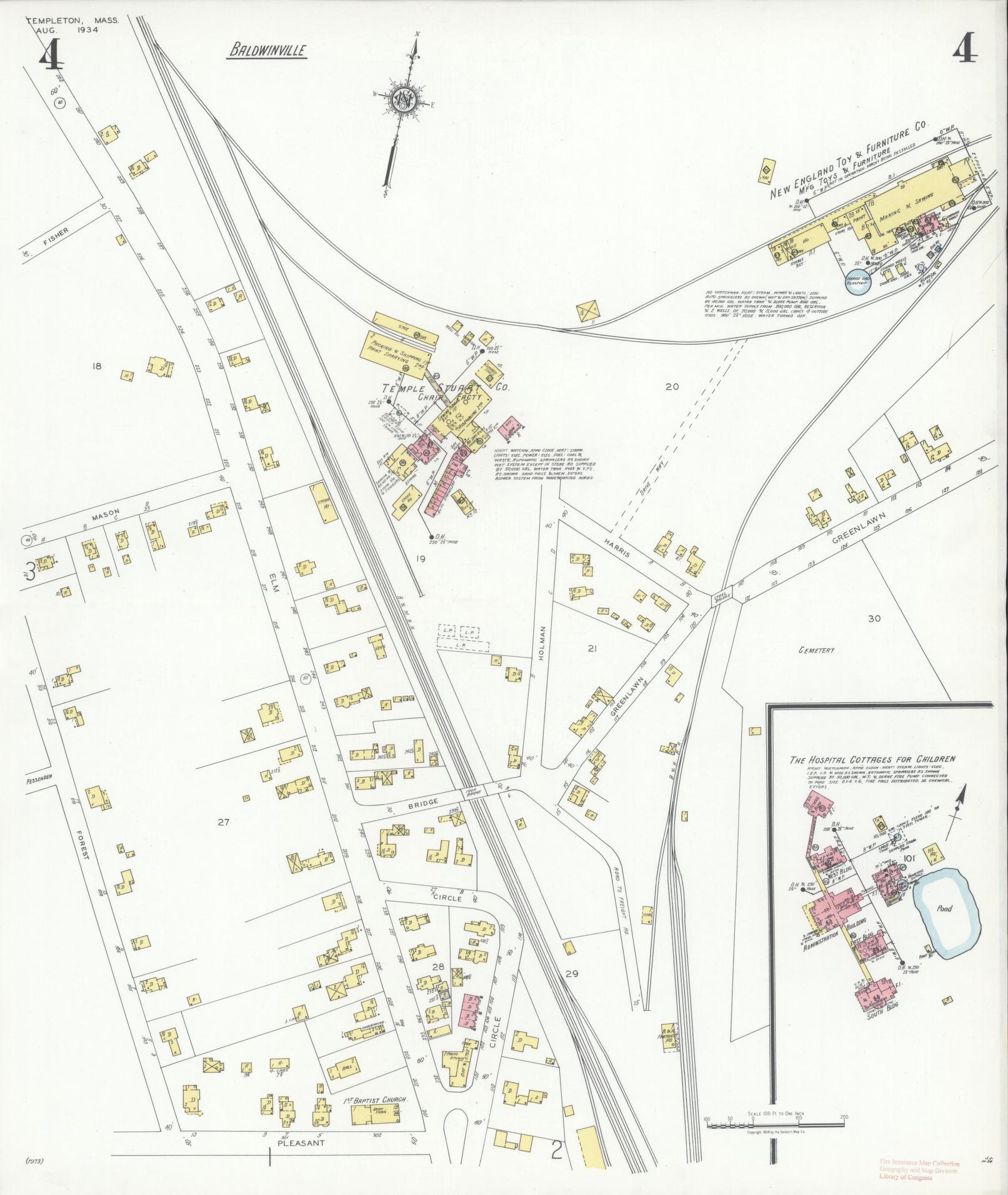 Sanborn Fire Insurance Map from Templeton, Worcester County, Massachusetts (1934), Sheet #0004 - Historic Sanborn Fire Insurance Map Print, vintage old map wall art, antique decor, genealogy gift, Massachusetts Massachusetts map