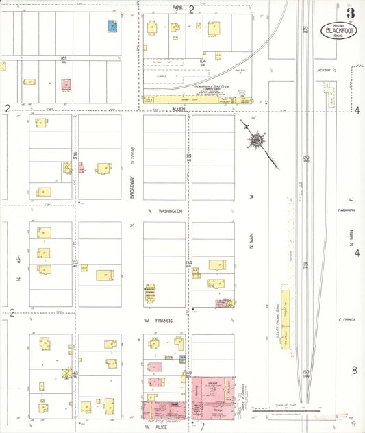 Sanborn Fire Insurance Map from Blackfoot, Bingham County, Idaho (1921), Sheet #0003 - Historic Sanborn Fire Insurance Map Print, vintage old map wall art, antique decor, genealogy gift, Idaho Idaho map
