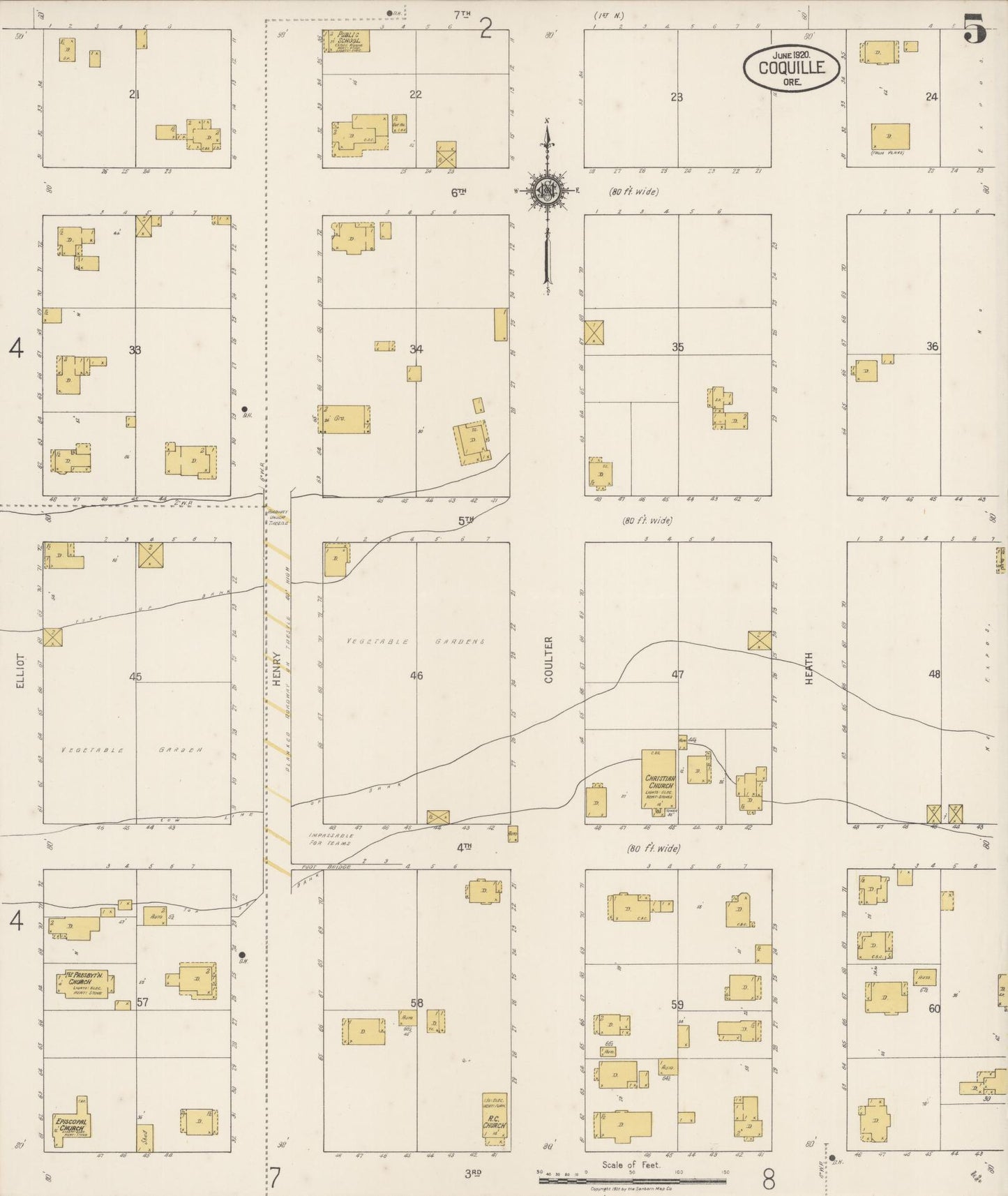 Sanborn Fire Insurance Map from Coquille, Coos County, Oregon (1920), Sheet #0005 - Historic Sanborn Fire Insurance Map Print, vintage old map wall art, antique decor, genealogy gift, Oregon Oregon map