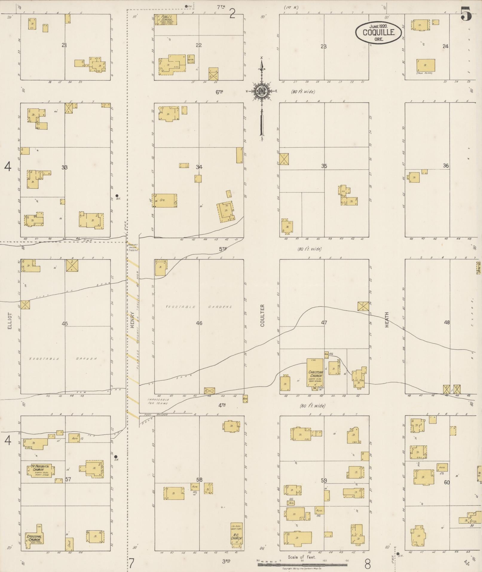 Sanborn Fire Insurance Map from Coquille, Coos County, Oregon (1920), Sheet #0005 - Historic Sanborn Fire Insurance Map Print, vintage old map wall art, antique decor, genealogy gift, Oregon Oregon map