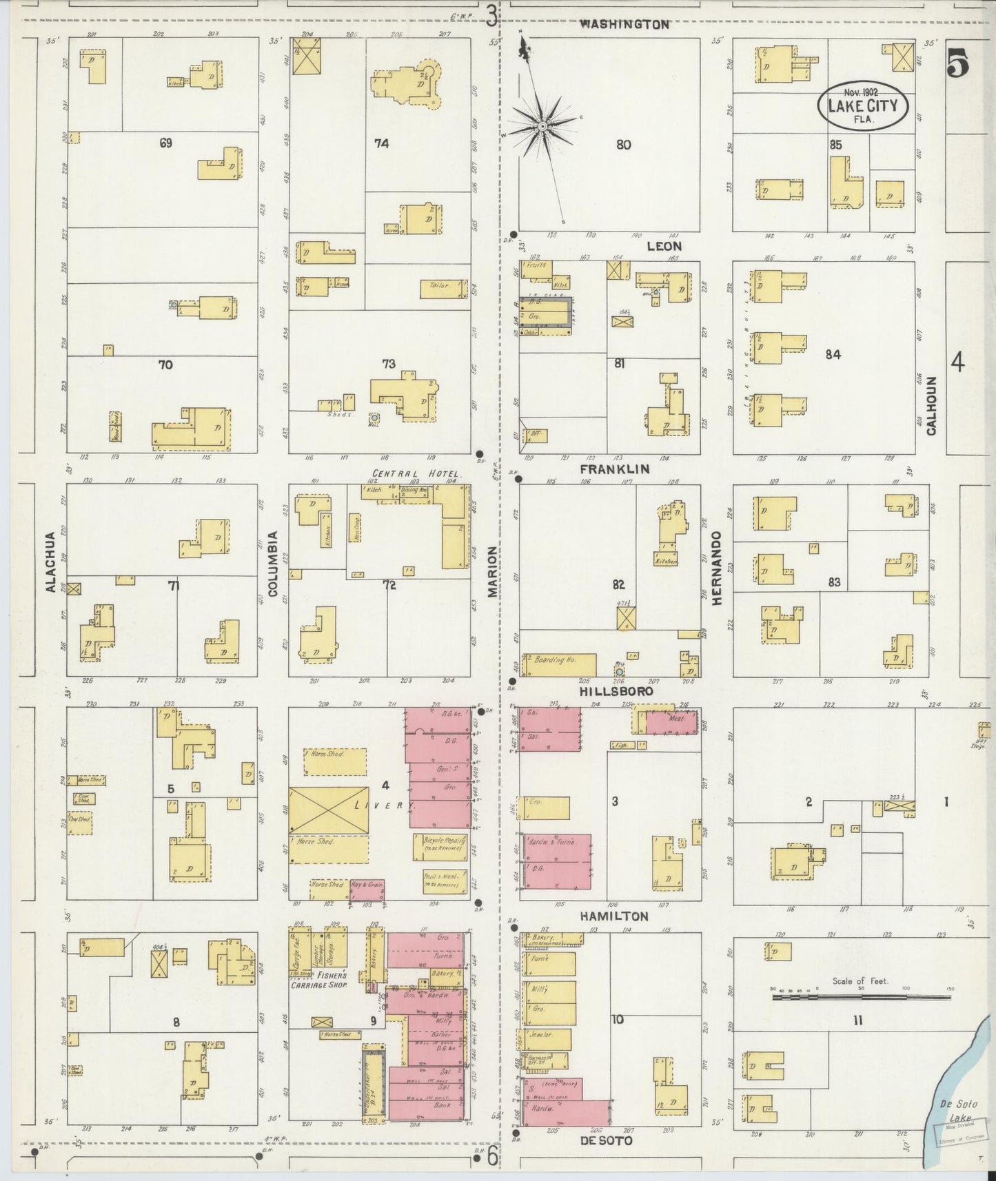 Sanborn Fire Insurance Map from Lake City, Columbia County, Florida (1902), Sheet #0005 - Complete Map Set gallery image, historic Sanborn map, vintage wall art, Florida Florida