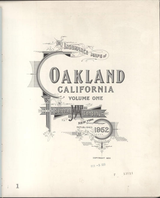 Sanborn Fire Insurance Map from Oakland, Alameda County, California (1952), Sheet #0001 - Complete Map Set gallery image, historic Sanborn map, vintage wall art, California California