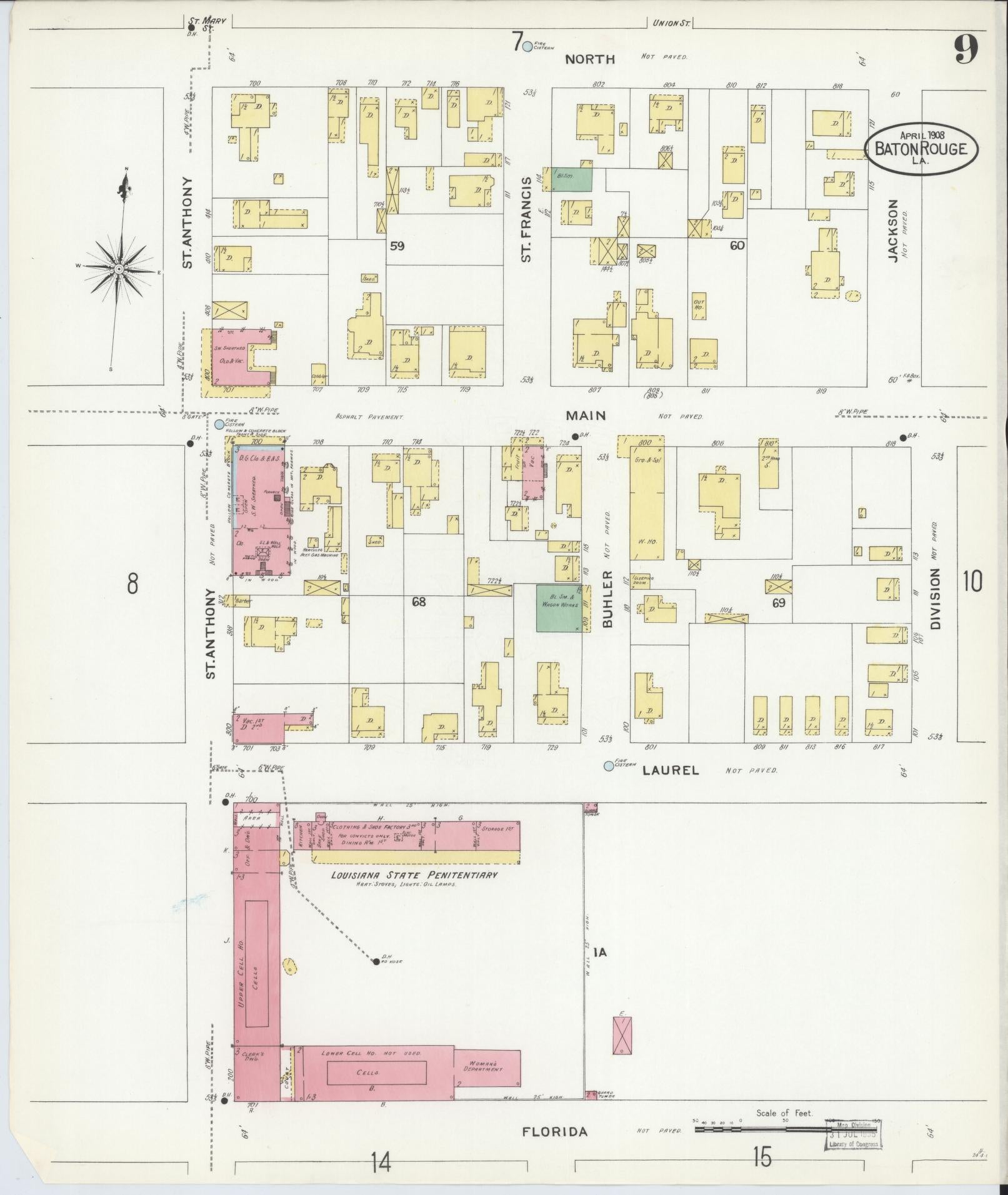Sanborn Fire Insurance Map from Baton Rouge, East Baton Rouge Parish, Louisiana (1908), Sheet #0009 - Complete Map Set gallery image, historic Sanborn map, vintage wall art, Louisiana Louisiana