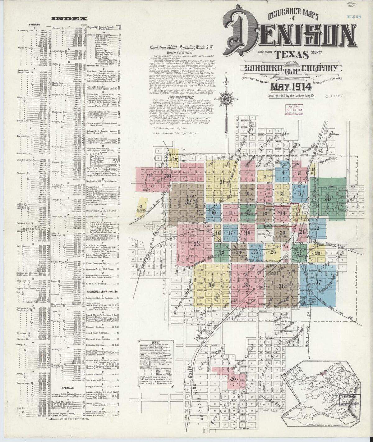 Sanborn Fire Insurance Map from Denison, Grayson County, Texas (1914), Sheet #0001 - Historic Sanborn Fire Insurance Map Print, vintage old map wall art, antique decor, genealogy gift, Texas Texas map