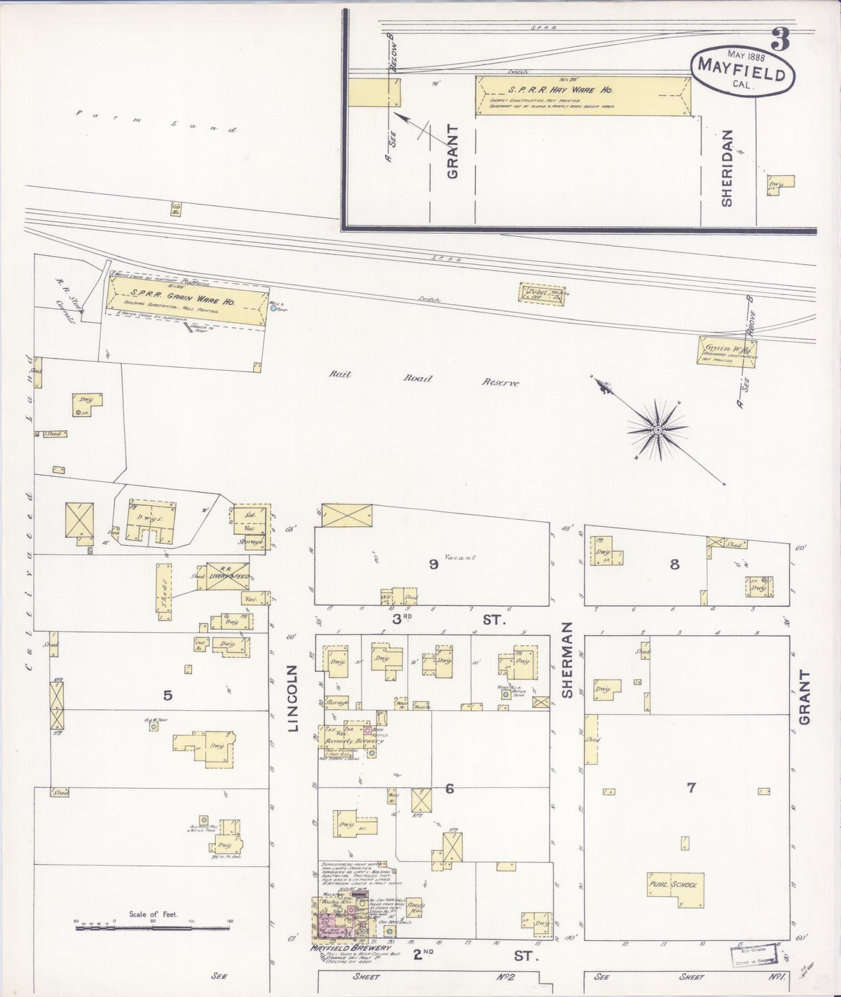 Sanborn Fire Insurance Map from Mayfield, Santa Clara County, California (1888), Sheet #0003 - Complete Map Set gallery image, historic Sanborn map, vintage wall art, California California