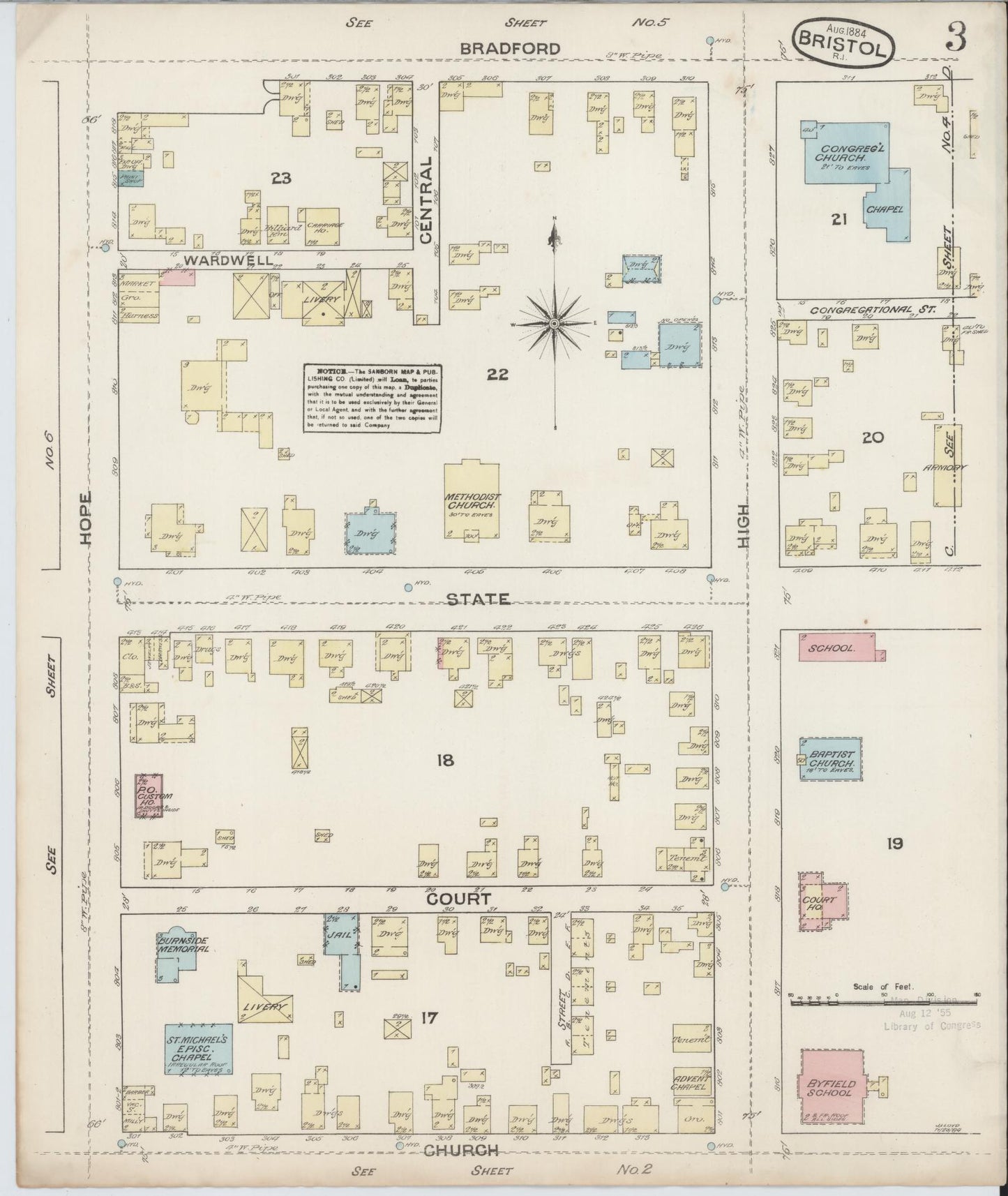 Sanborn Fire Insurance Map from Bristol, Bristol County, Rhode Island (1884), Sheet #0003 - Historic Sanborn Fire Insurance Map Print, vintage old map wall art, antique decor, genealogy gift, Rhode Island Rhode Island map