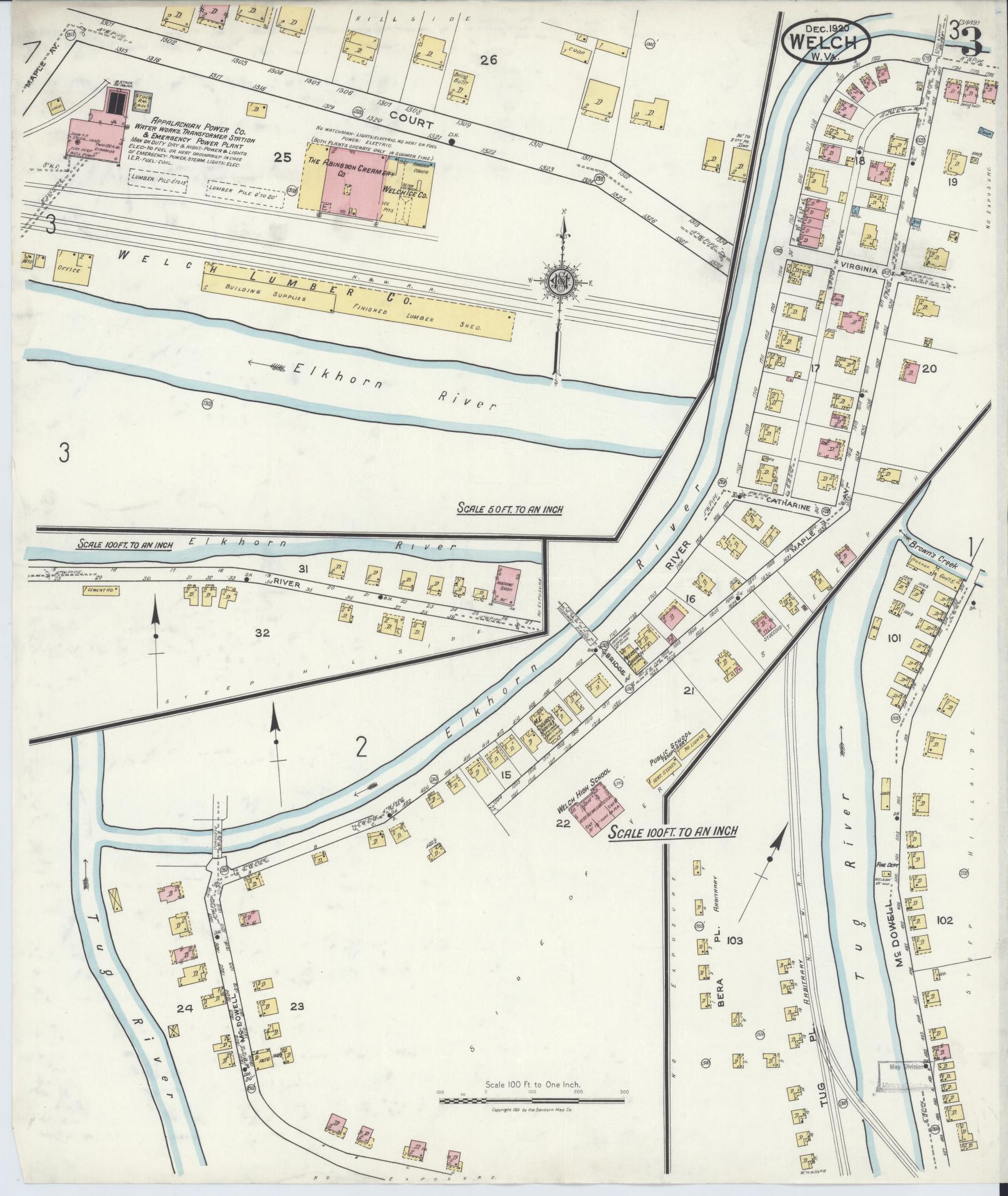 Sanborn Fire Insurance Map from Welch, Mcdowell County, West Virginia (1920), Sheet #0003 - Complete Map Set gallery image, historic Sanborn map, vintage wall art, West Virginia West Virginia
